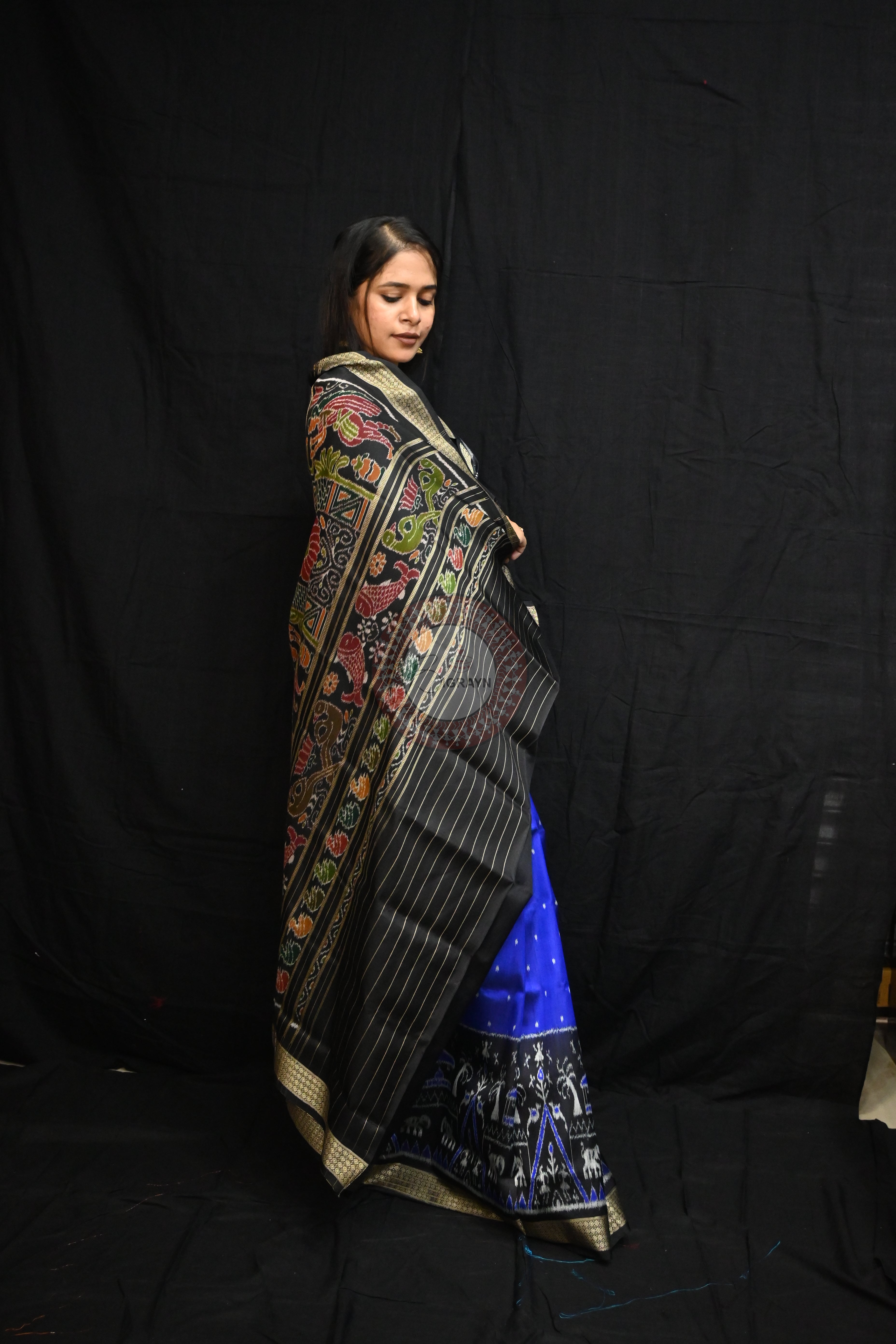 Blue Black Tribal House Scot Mulberry Silk Saree