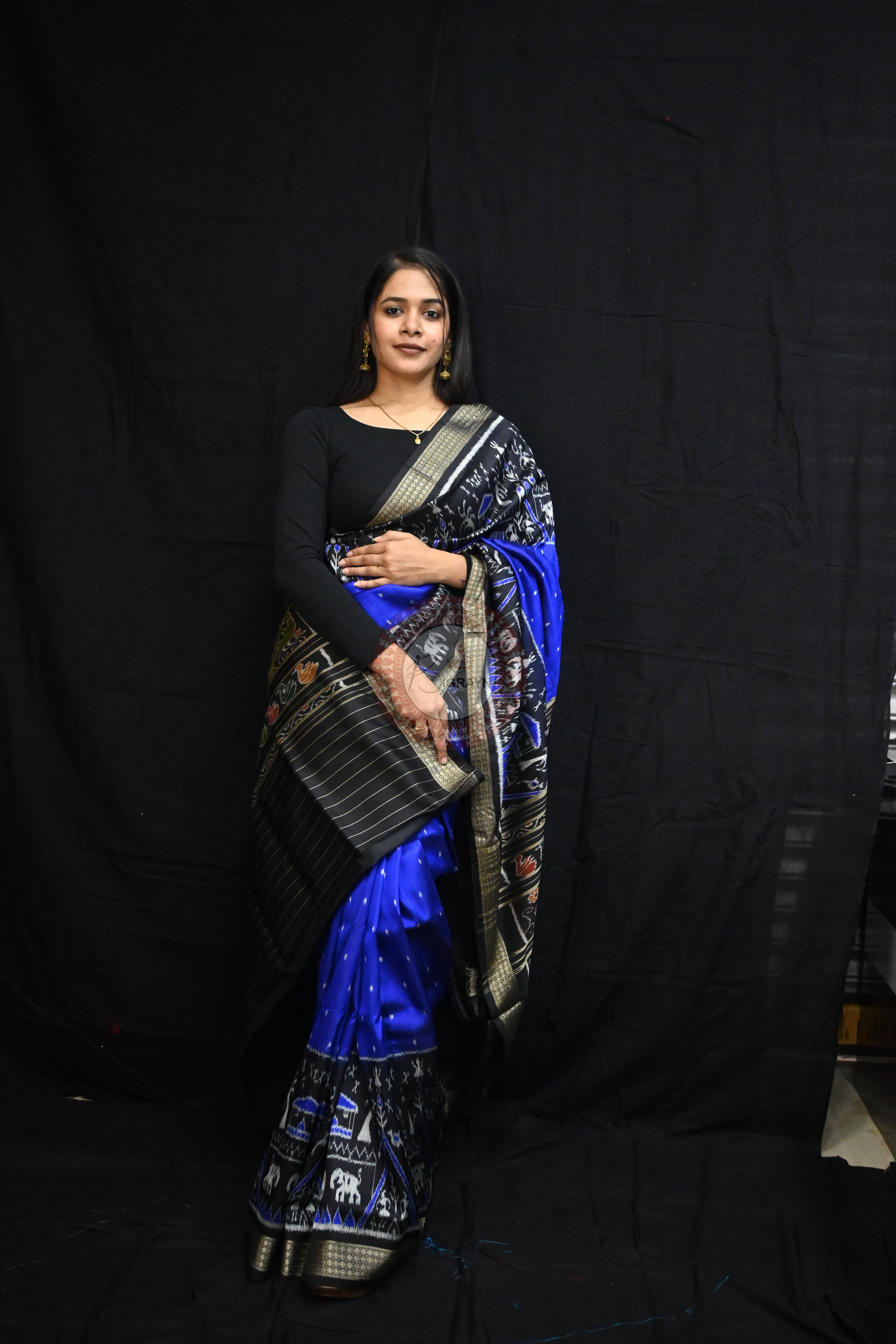 Blue Black Tribal House Scot Mulberry Silk Saree