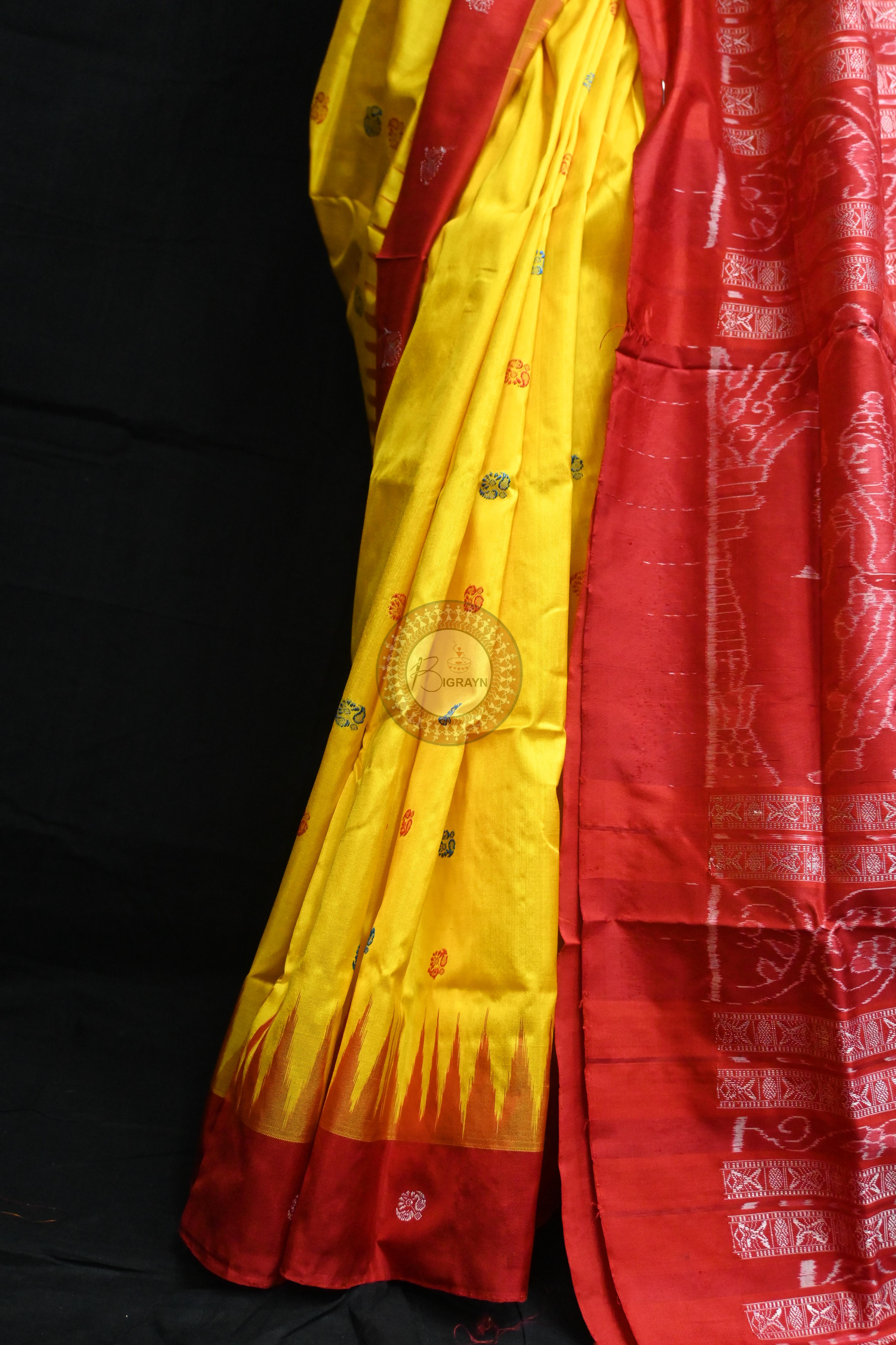 Yellow Red Flowers Bomkai Silk Saree
