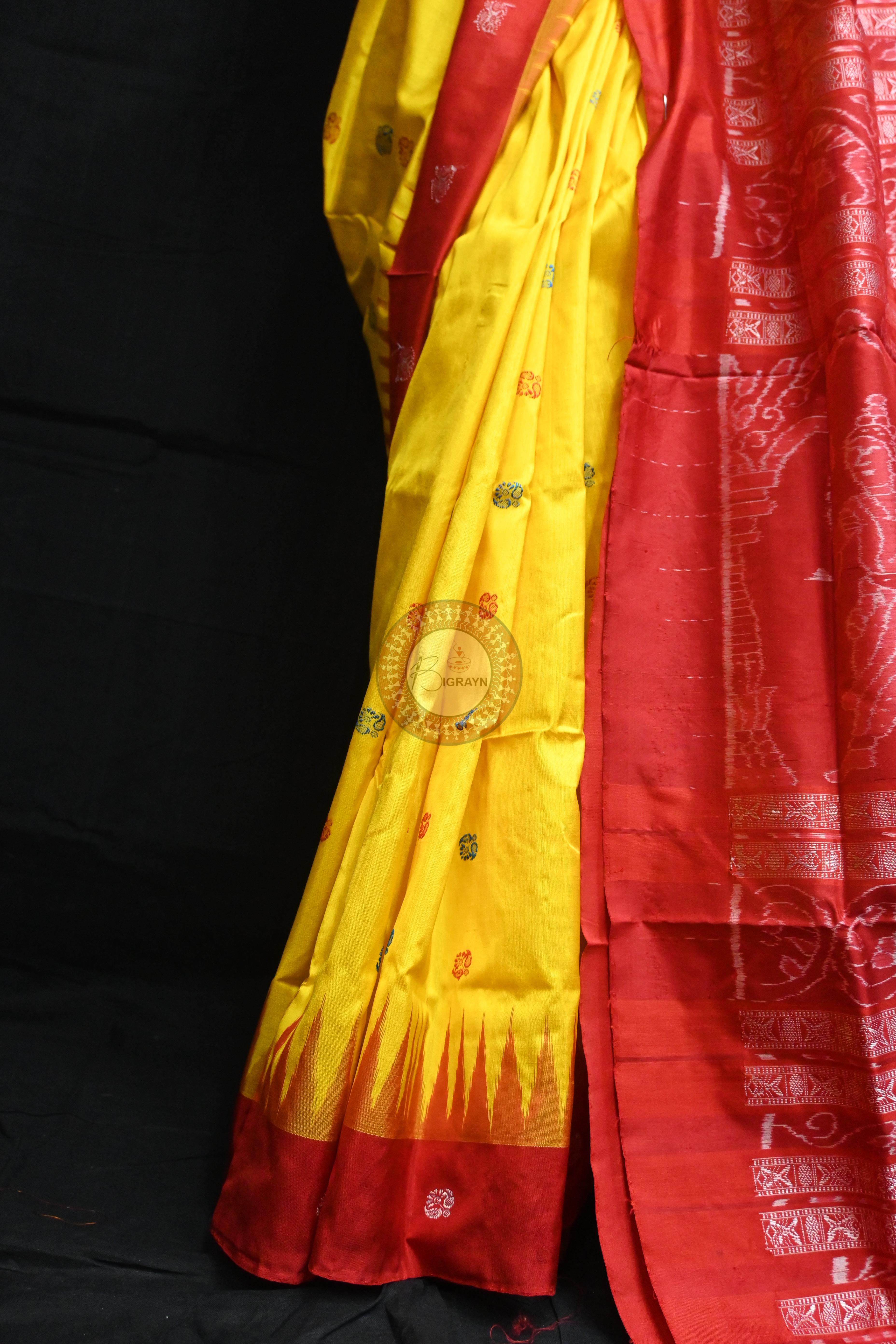 Yellow Red Flowers Bomkai Silk Saree