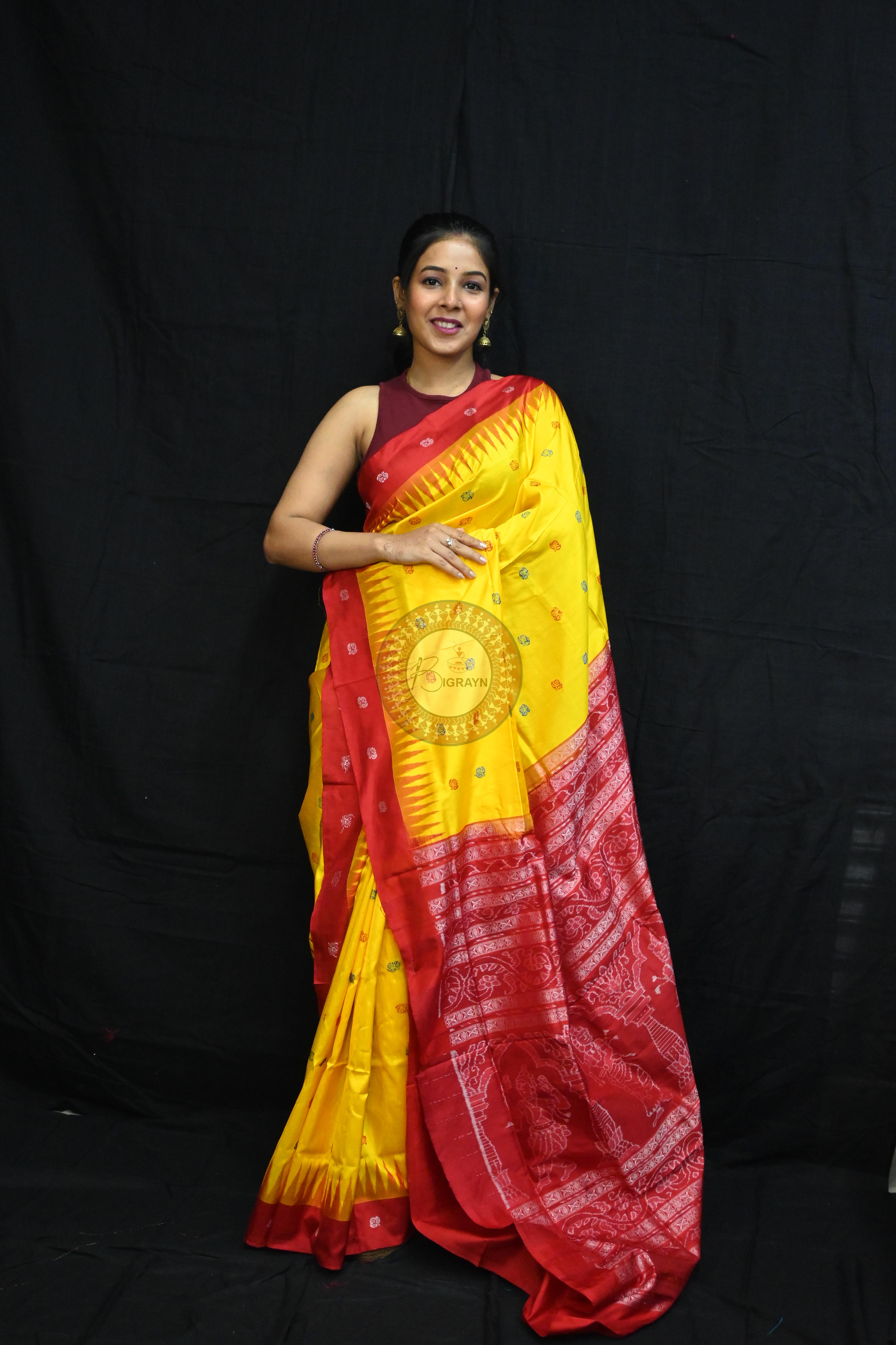 Yellow Red Flowers Bomkai Silk Saree