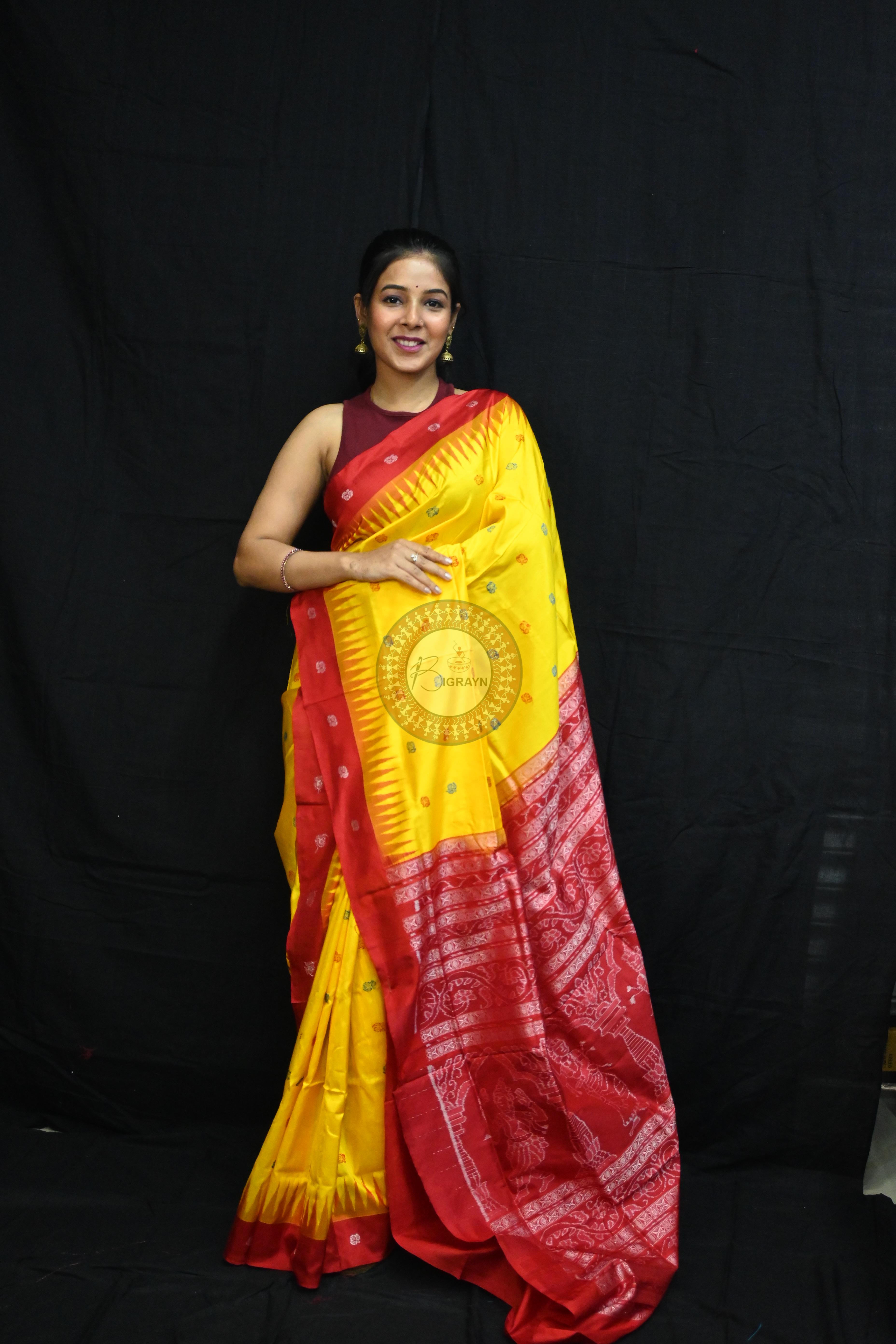 Yellow Red Flowers Bomkai Silk Saree
