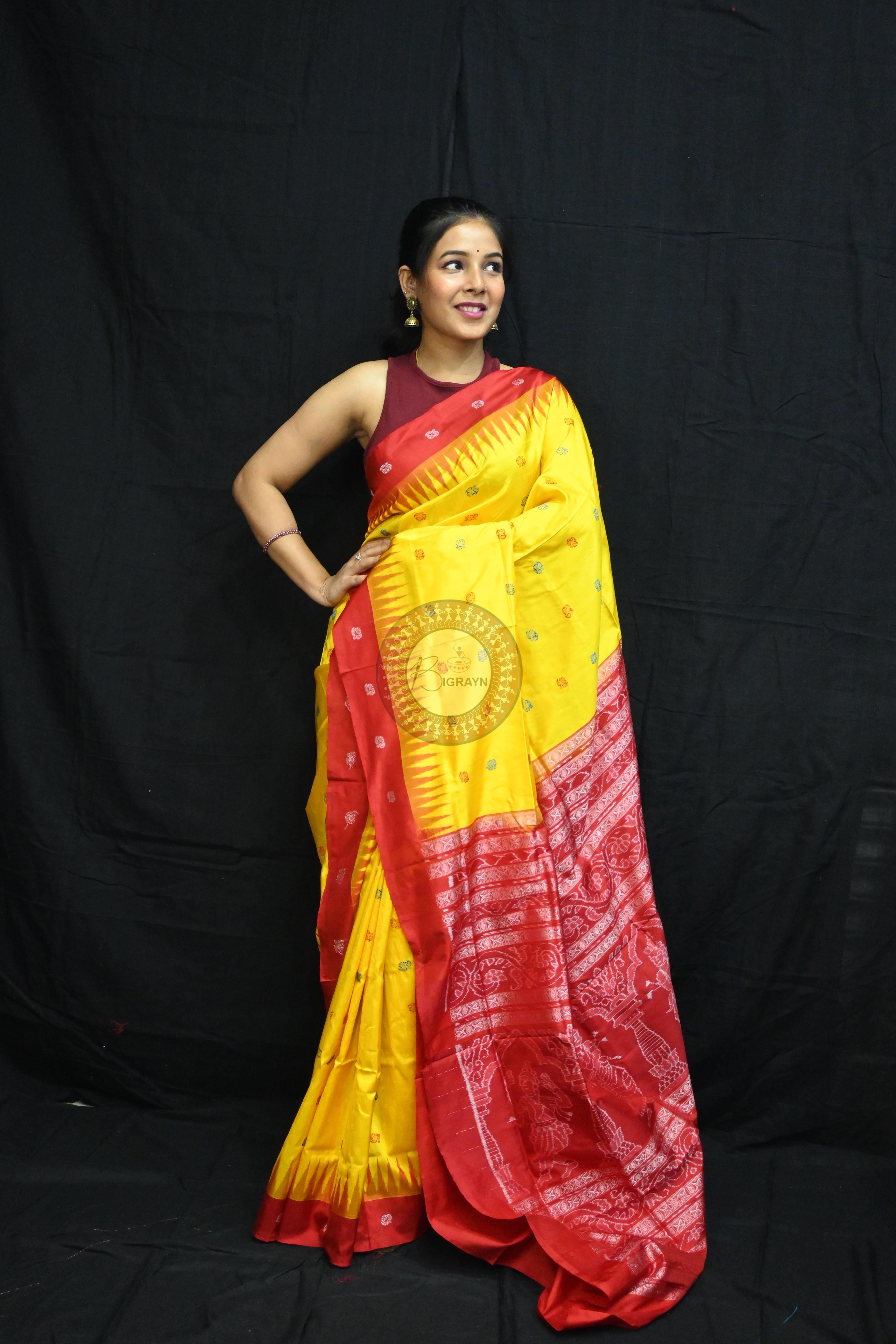 Yellow Red Flowers Bomkai Silk Saree