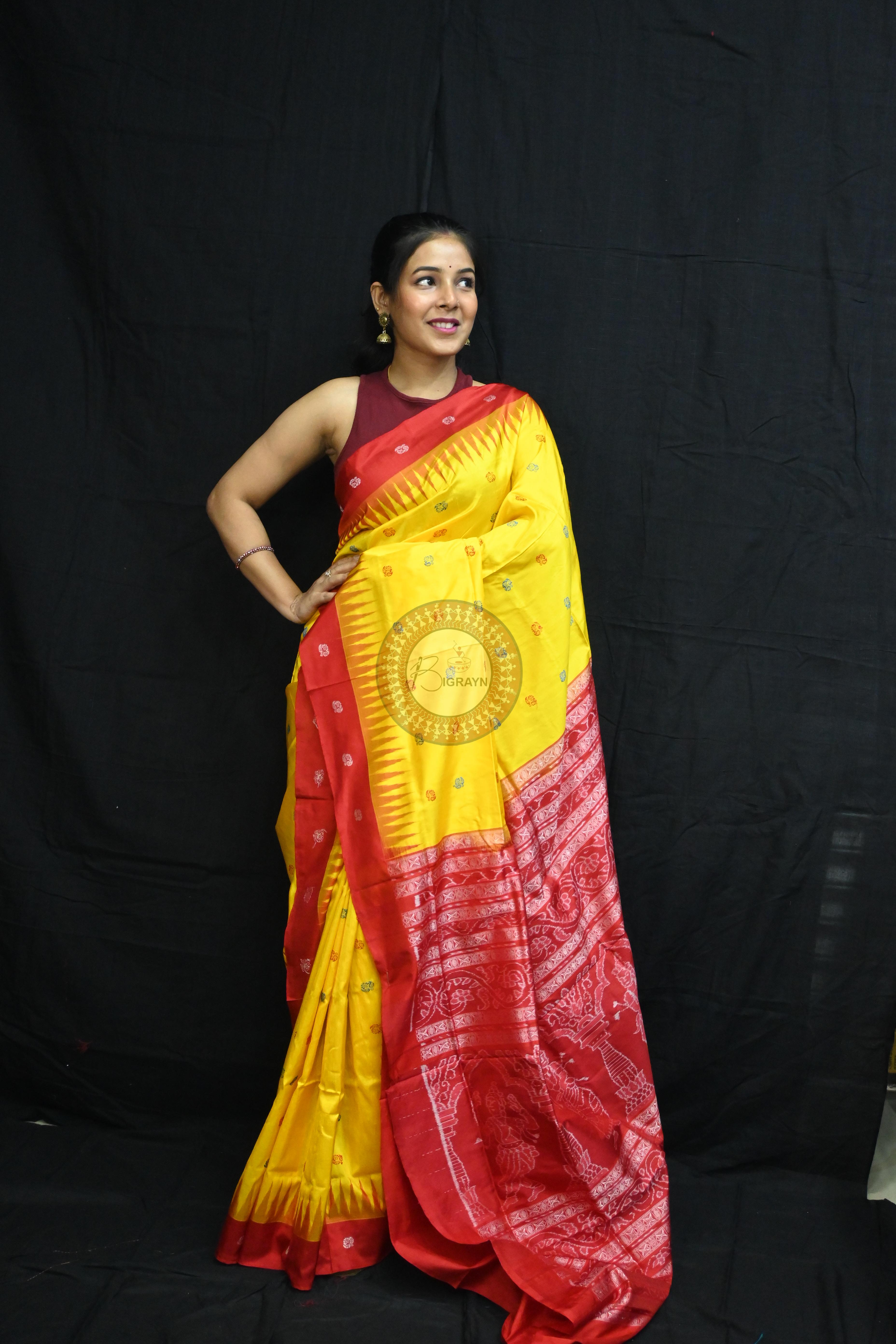 Yellow Red Flowers Bomkai Silk Saree