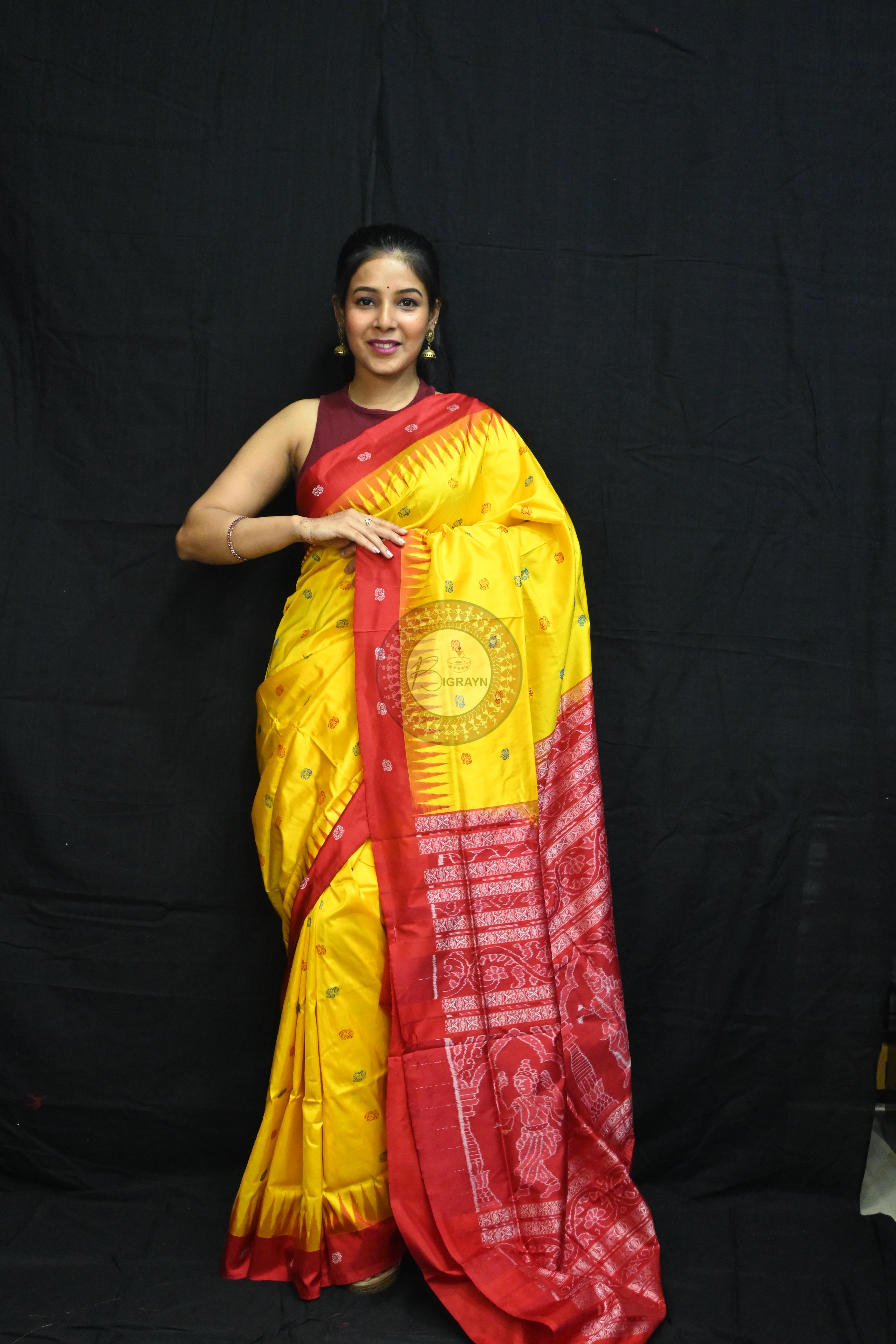 Yellow Red Flowers Bomkai Silk Saree