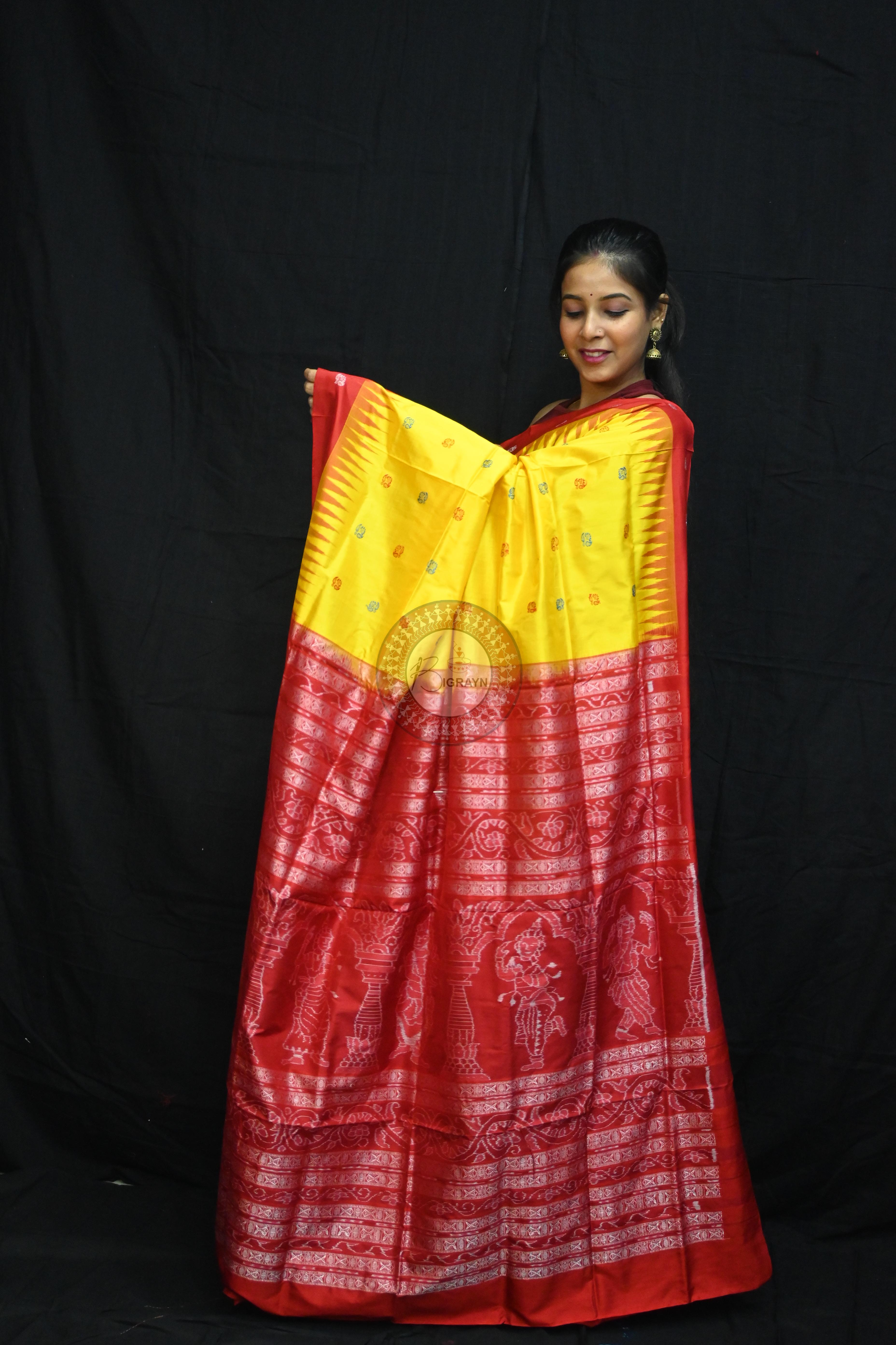 Yellow Red Flowers Bomkai Silk Saree