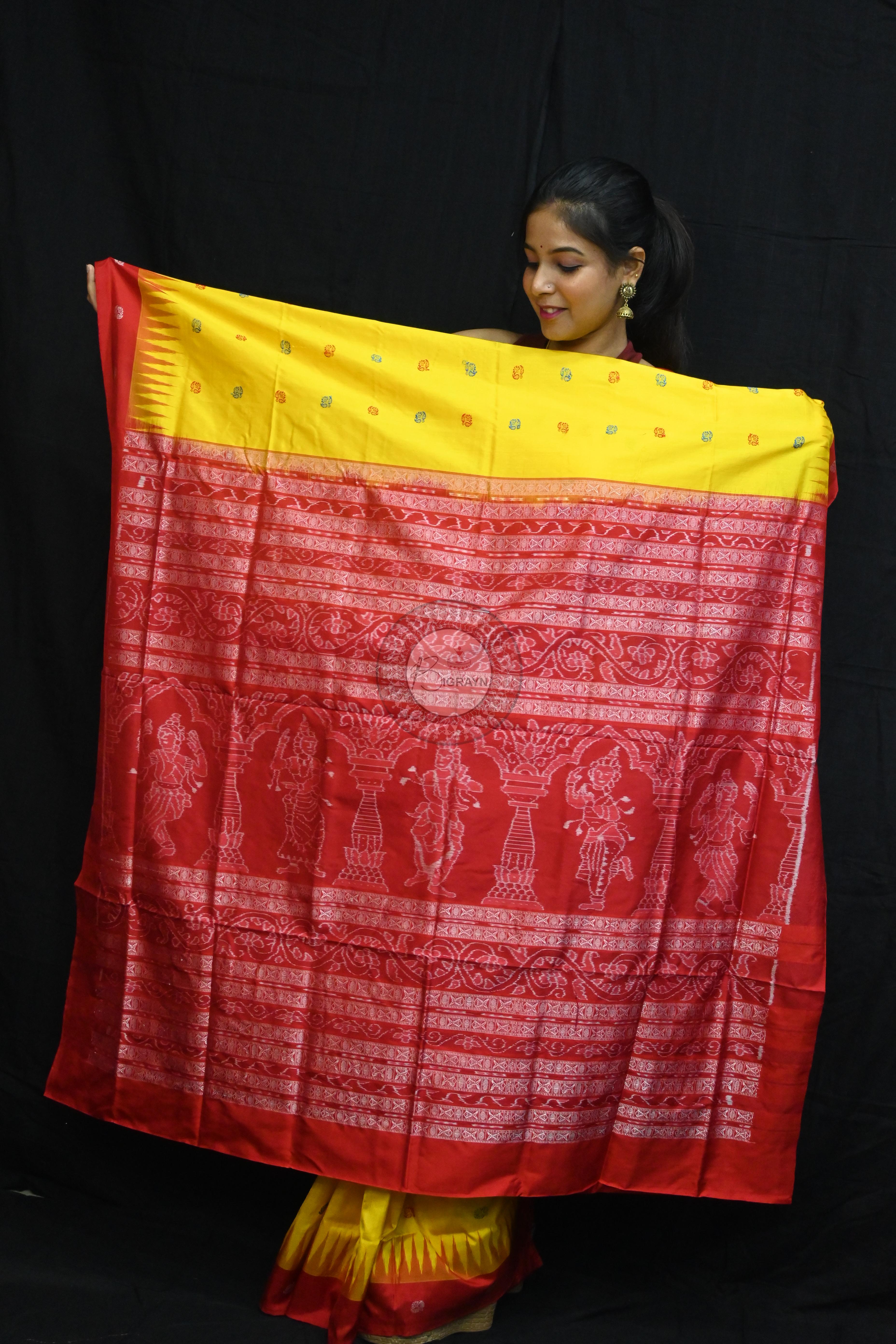 Yellow Red Flowers Bomkai Silk Saree