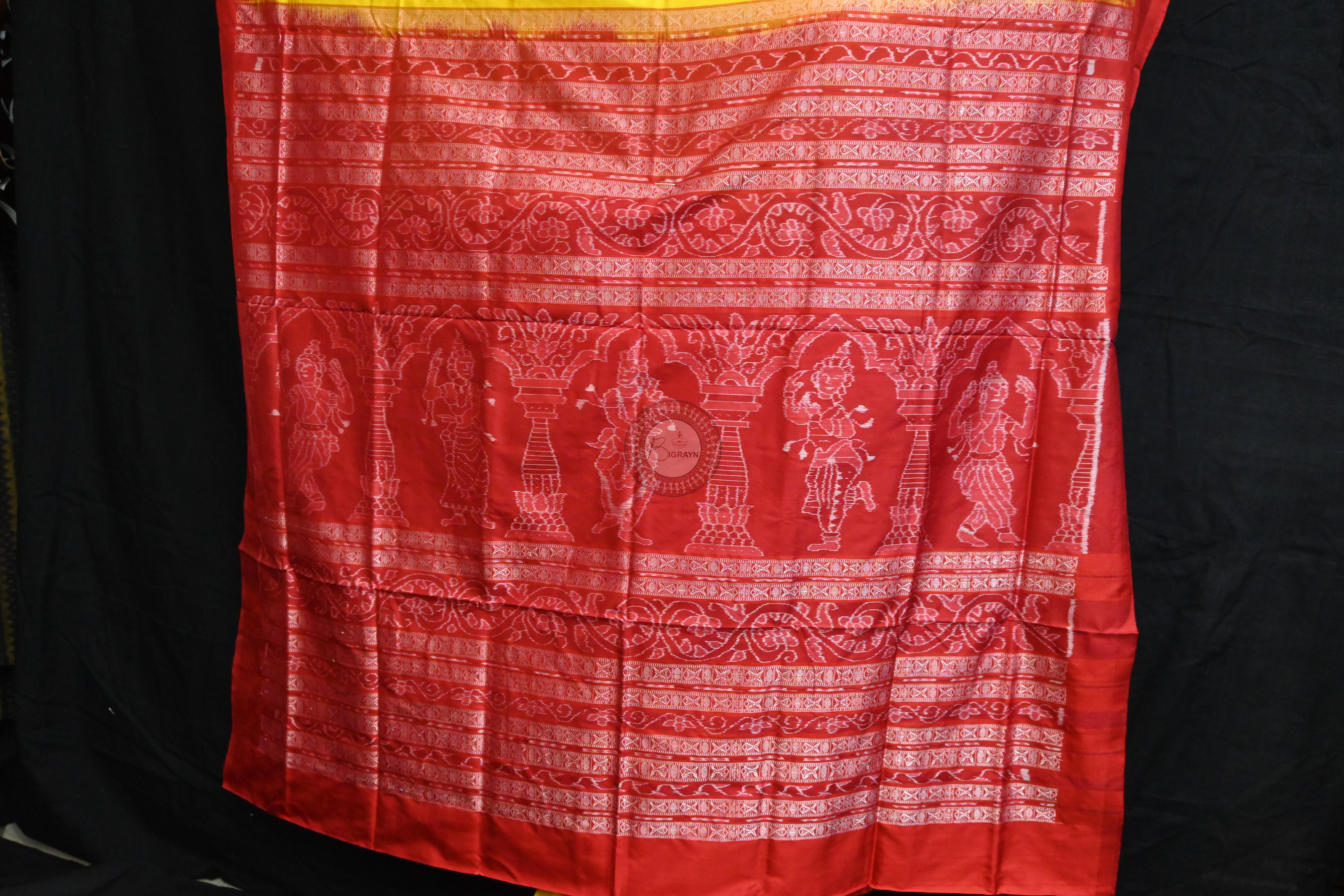 Yellow Red Flowers Bomkai Silk Saree