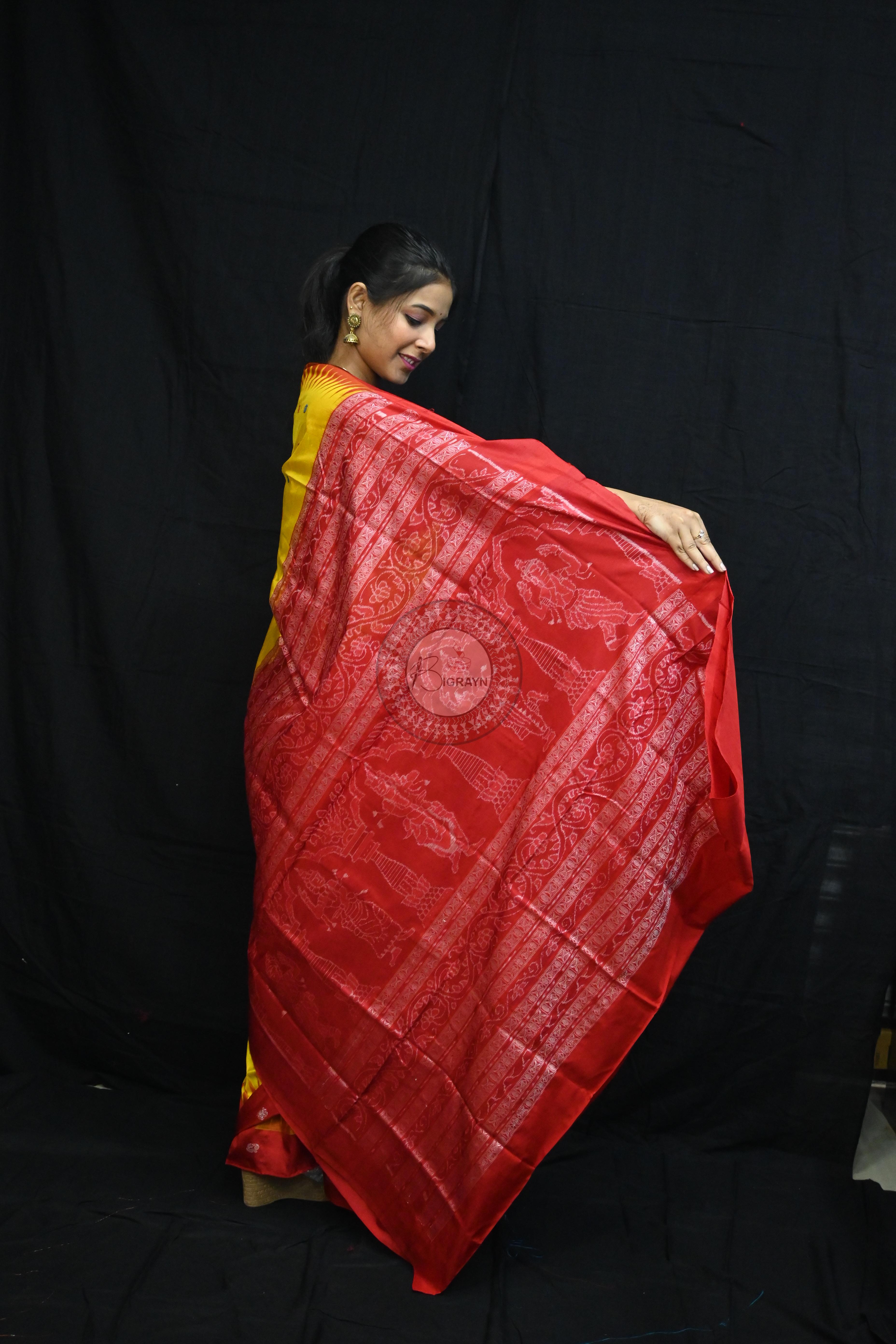 Yellow Red Flowers Bomkai Silk Saree