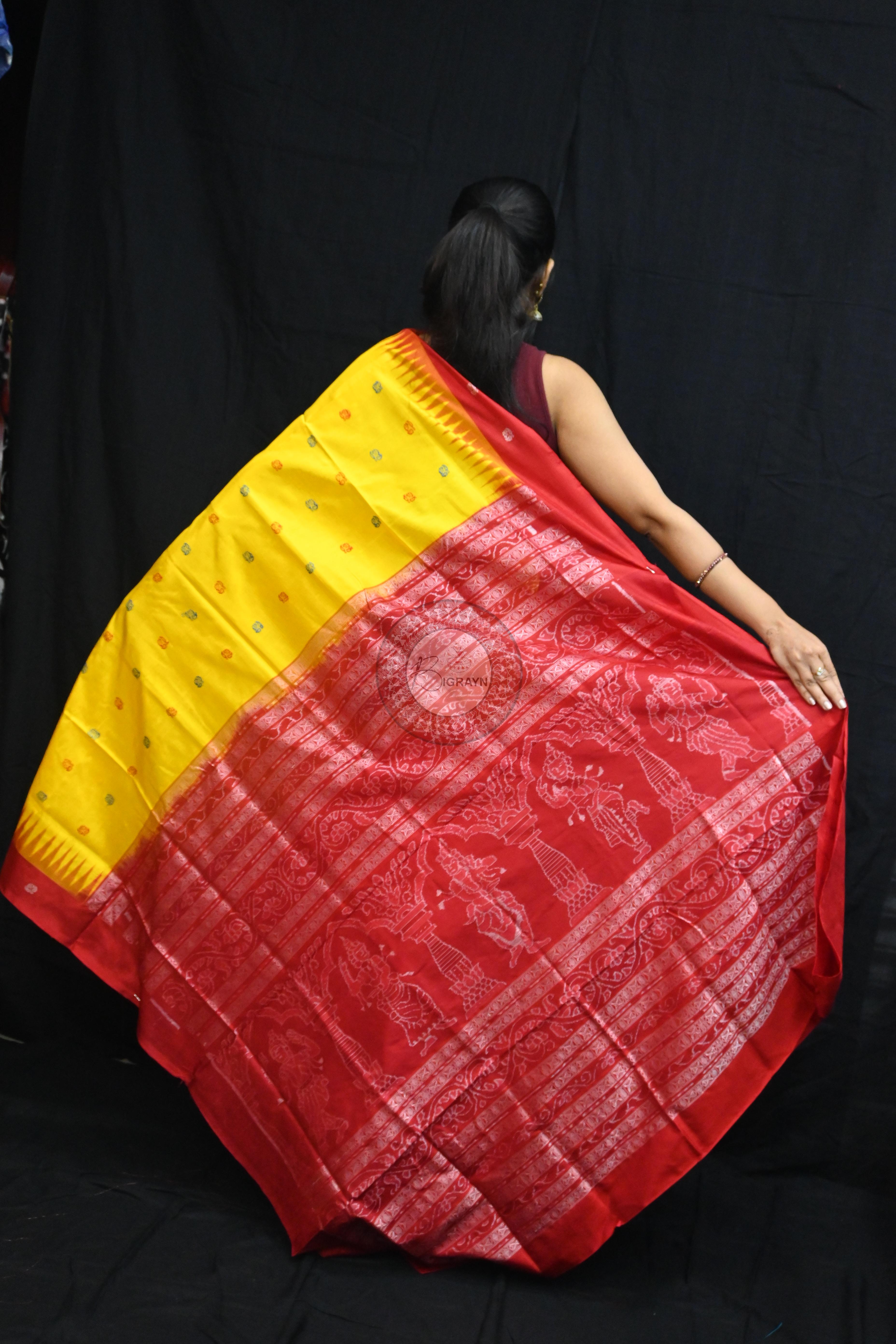 Yellow Red Flowers Bomkai Silk Saree