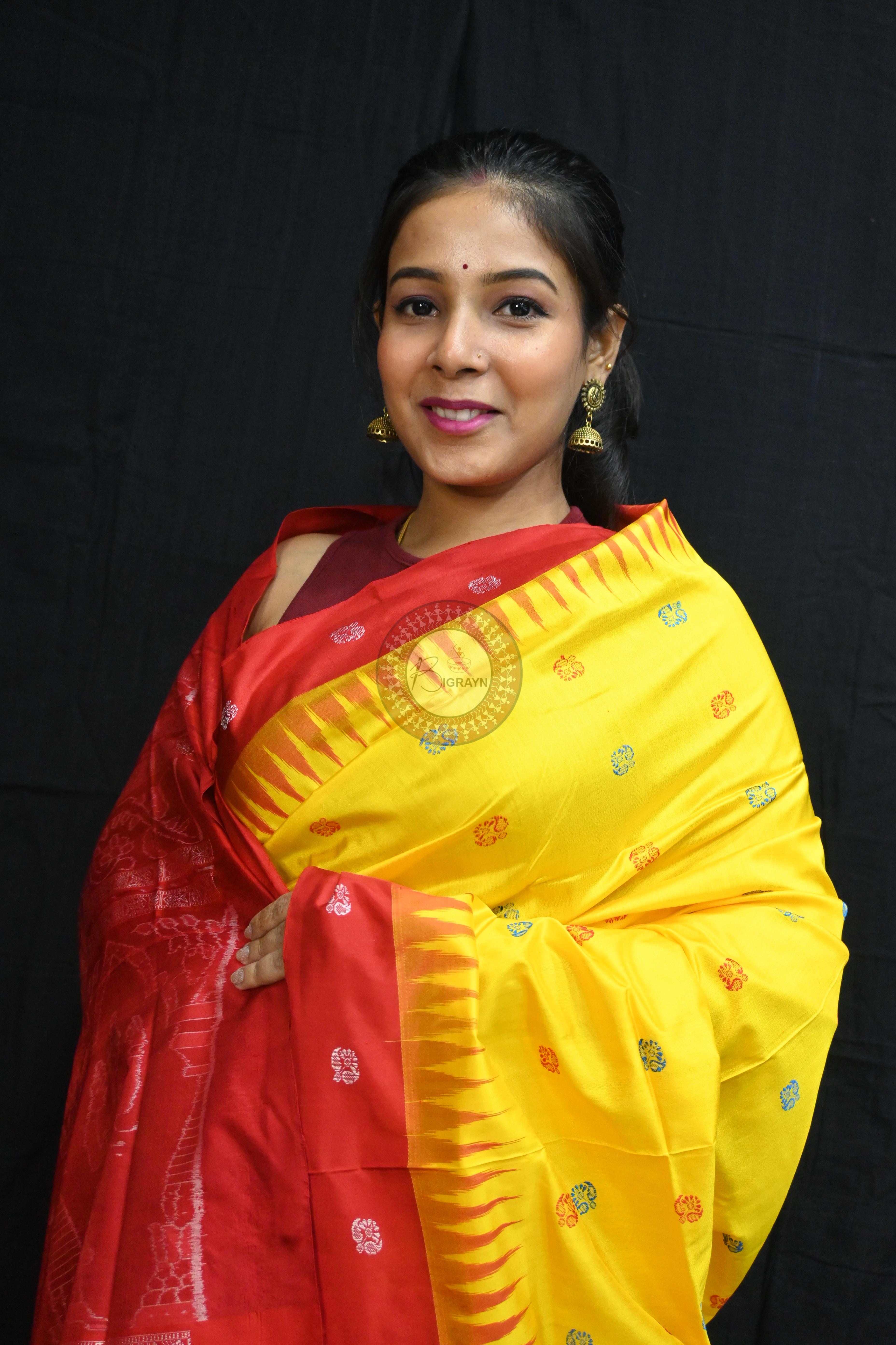 Yellow Red Flowers Bomkai Silk Saree