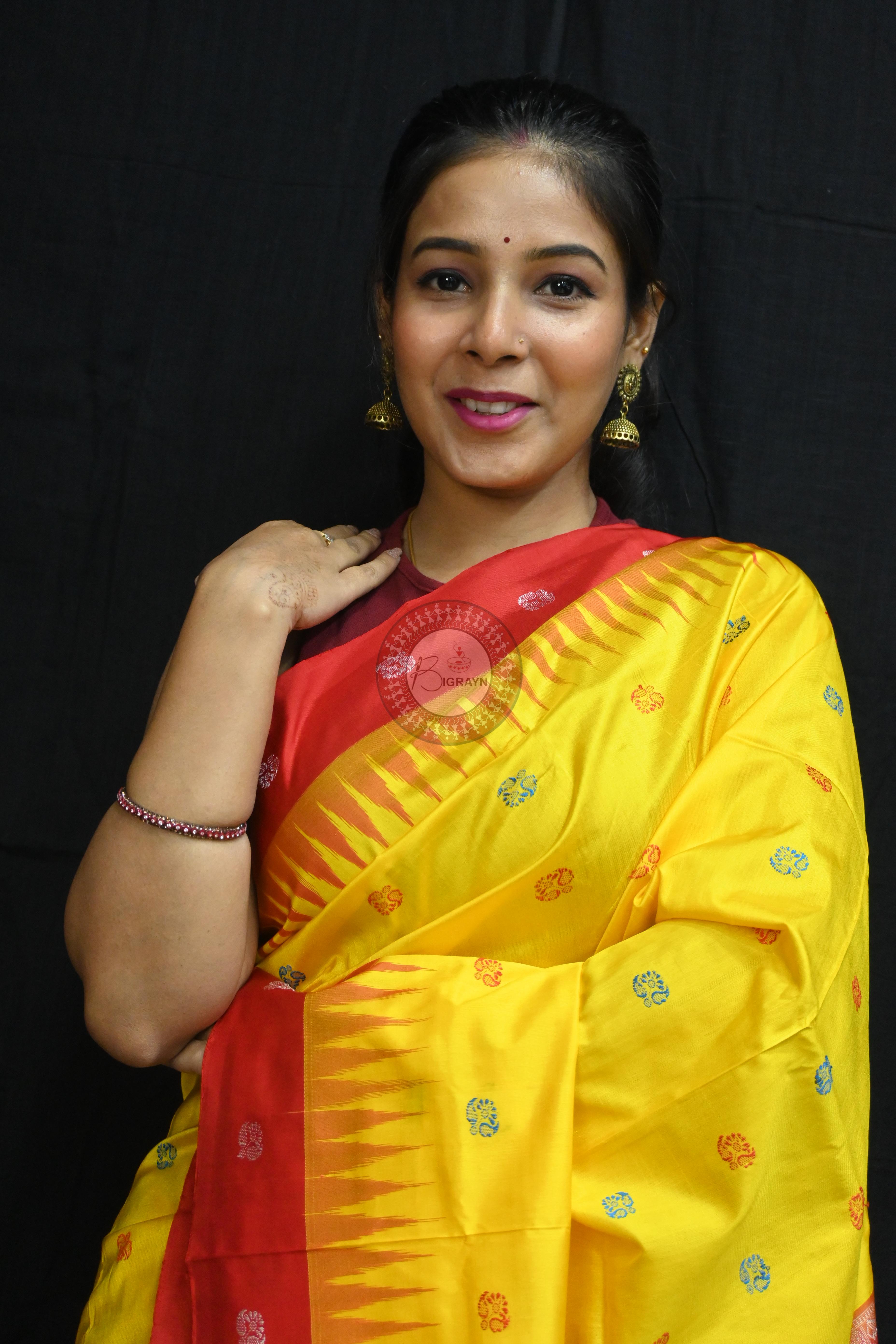 Yellow Red Flowers Bomkai Silk Saree