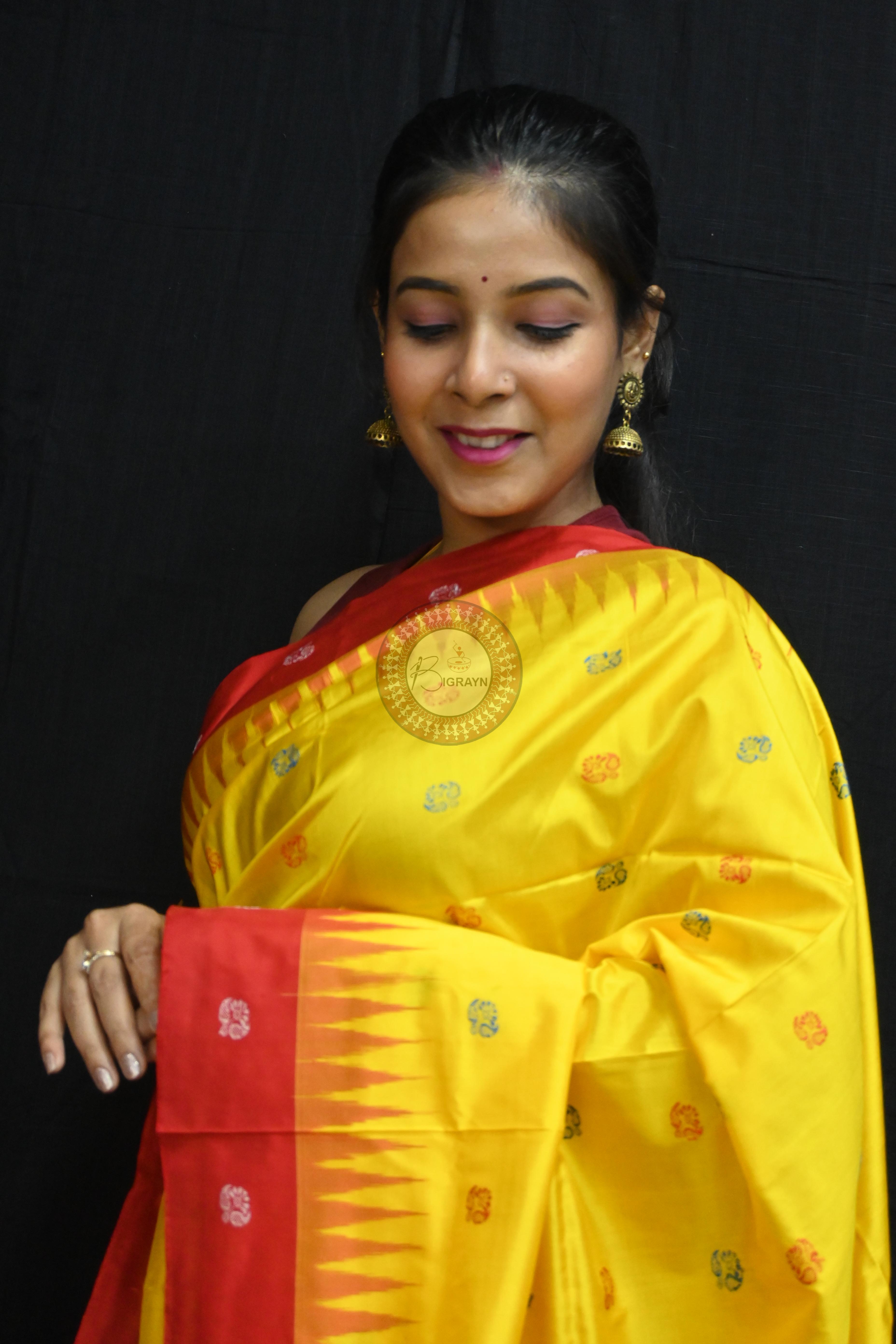 Yellow Red Flowers Bomkai Silk Saree