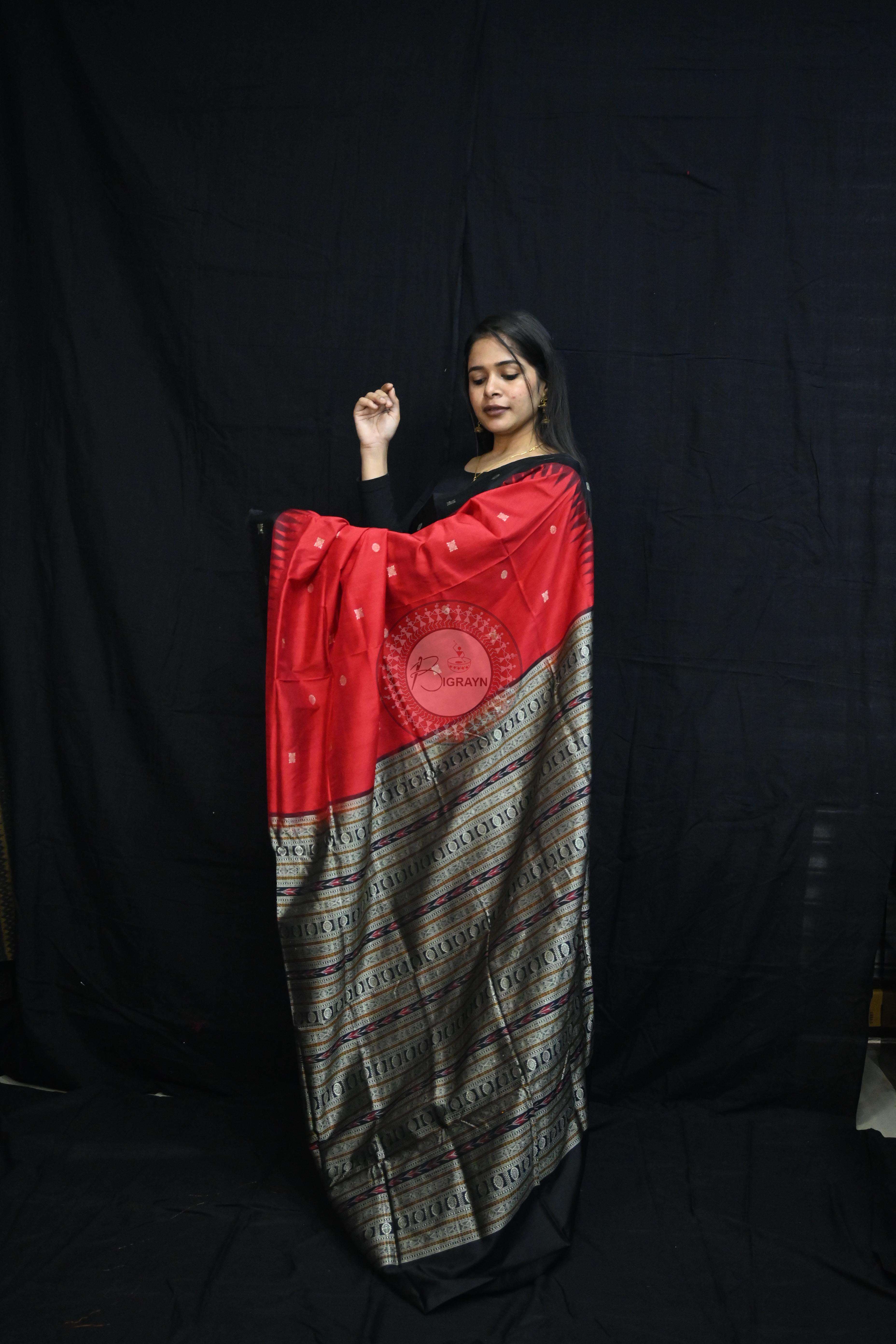 Red Black Flower Bomkai Silk Saree