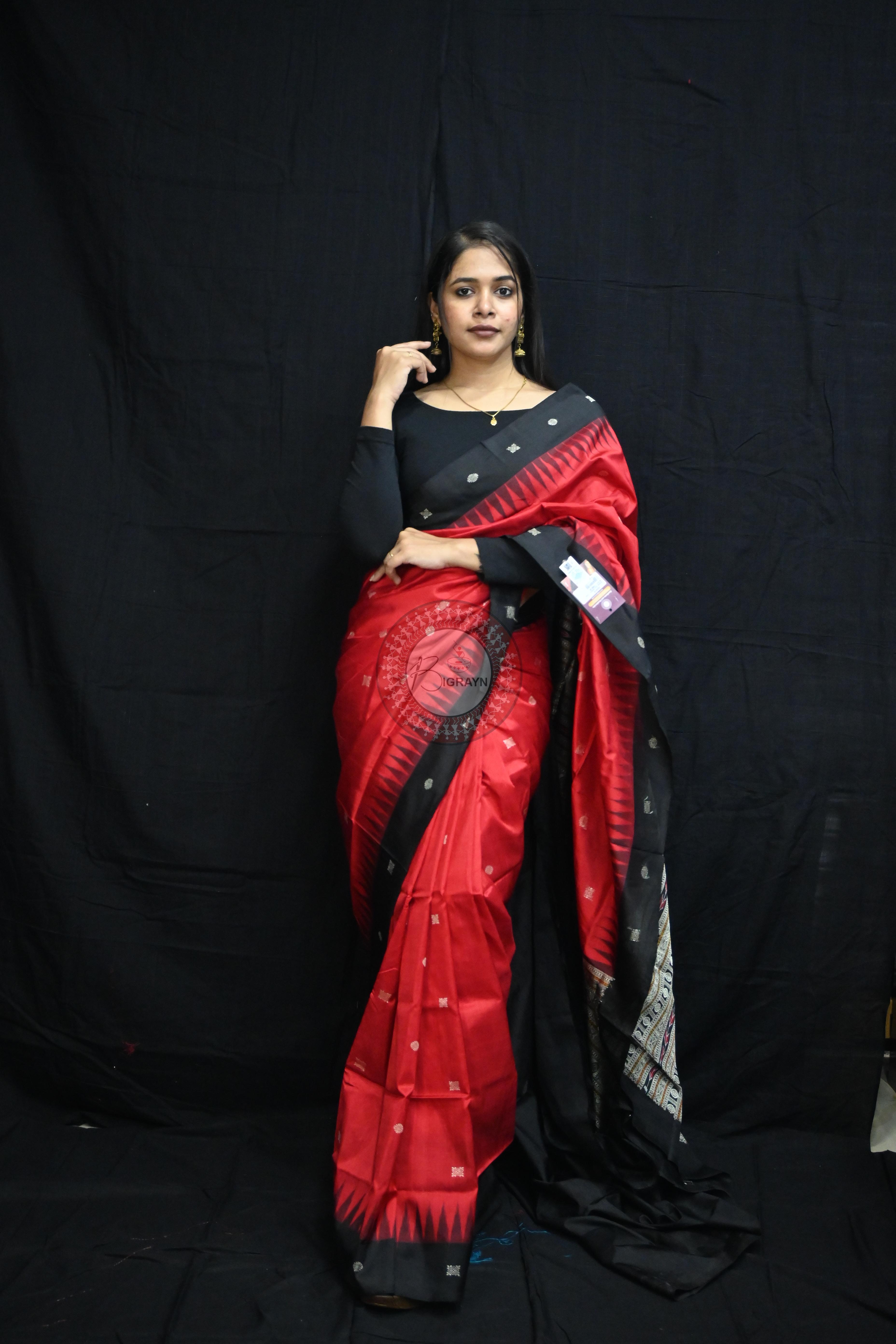 Red Black Flower Bomkai Silk Saree