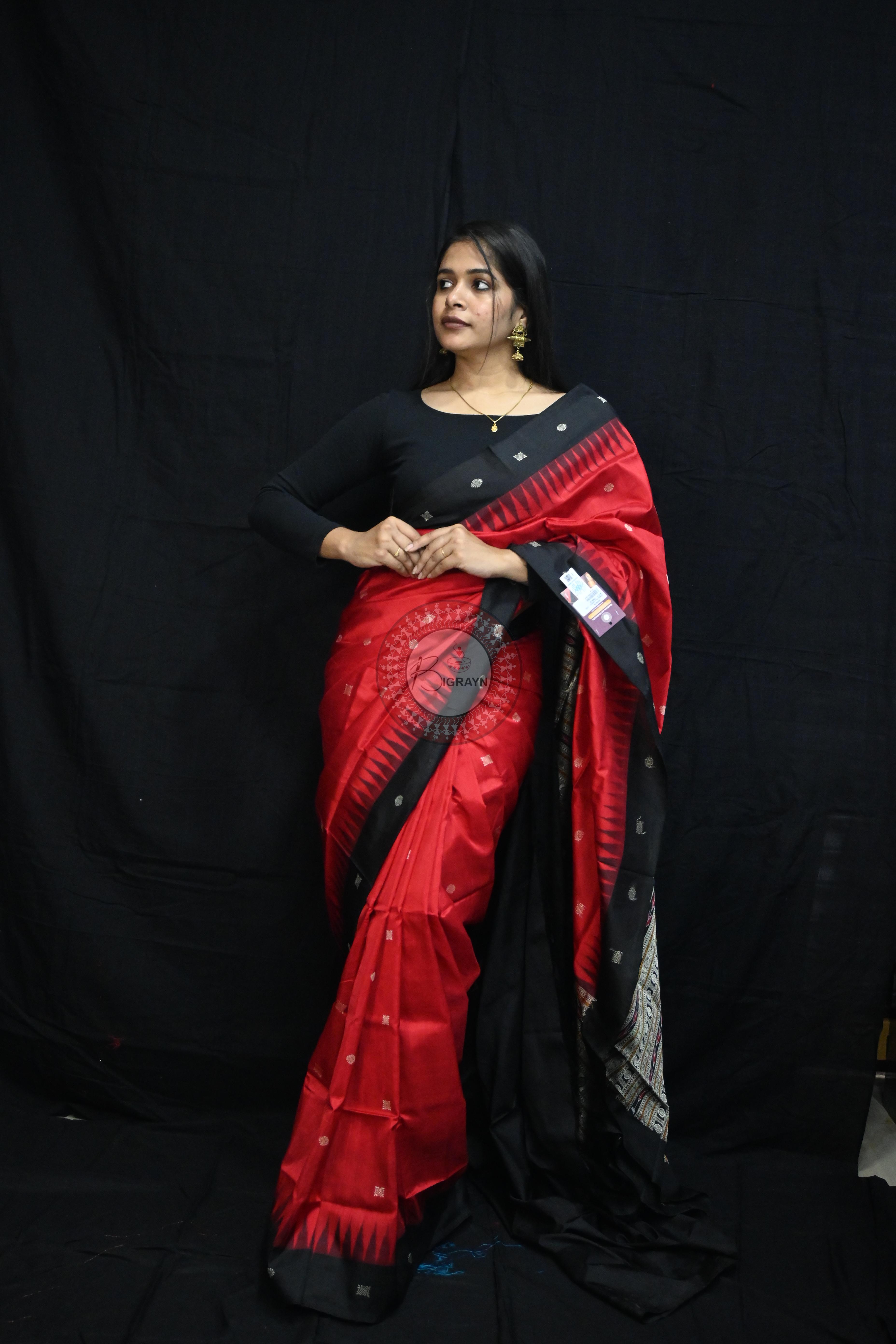 Red Black Flower Bomkai Silk Saree