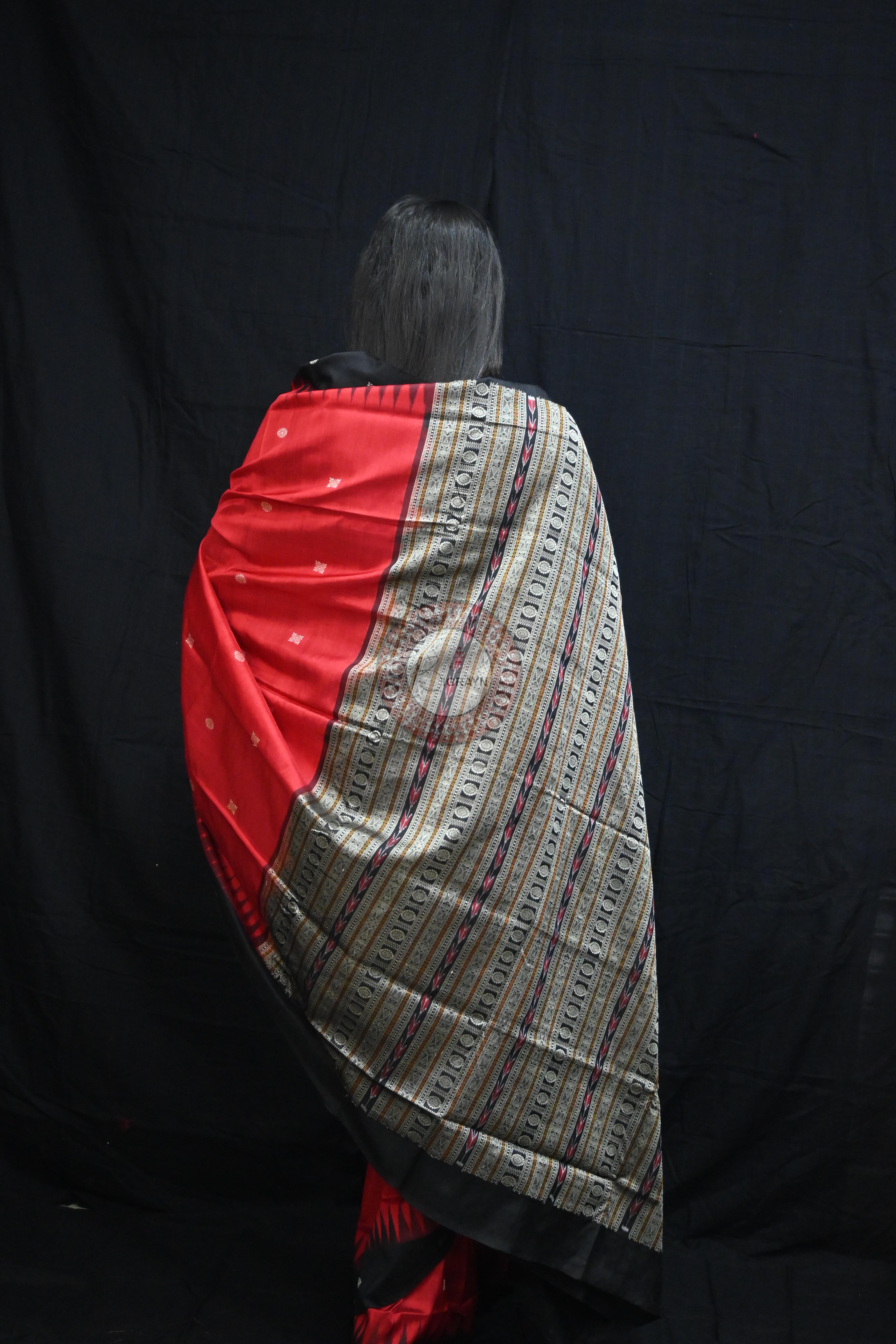 Red Black Flower Bomkai Silk Saree