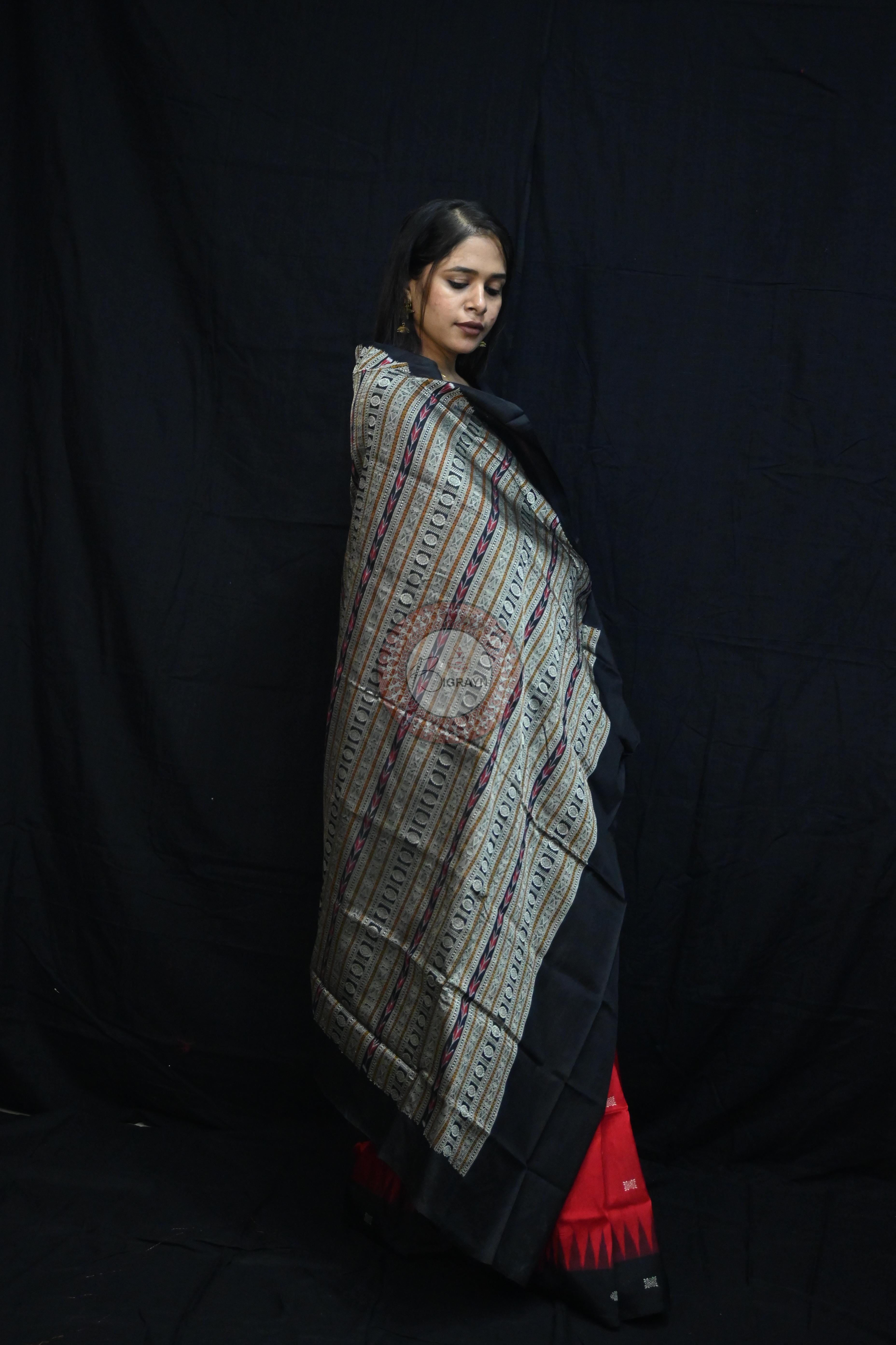 Red Black Flower Bomkai Silk Saree