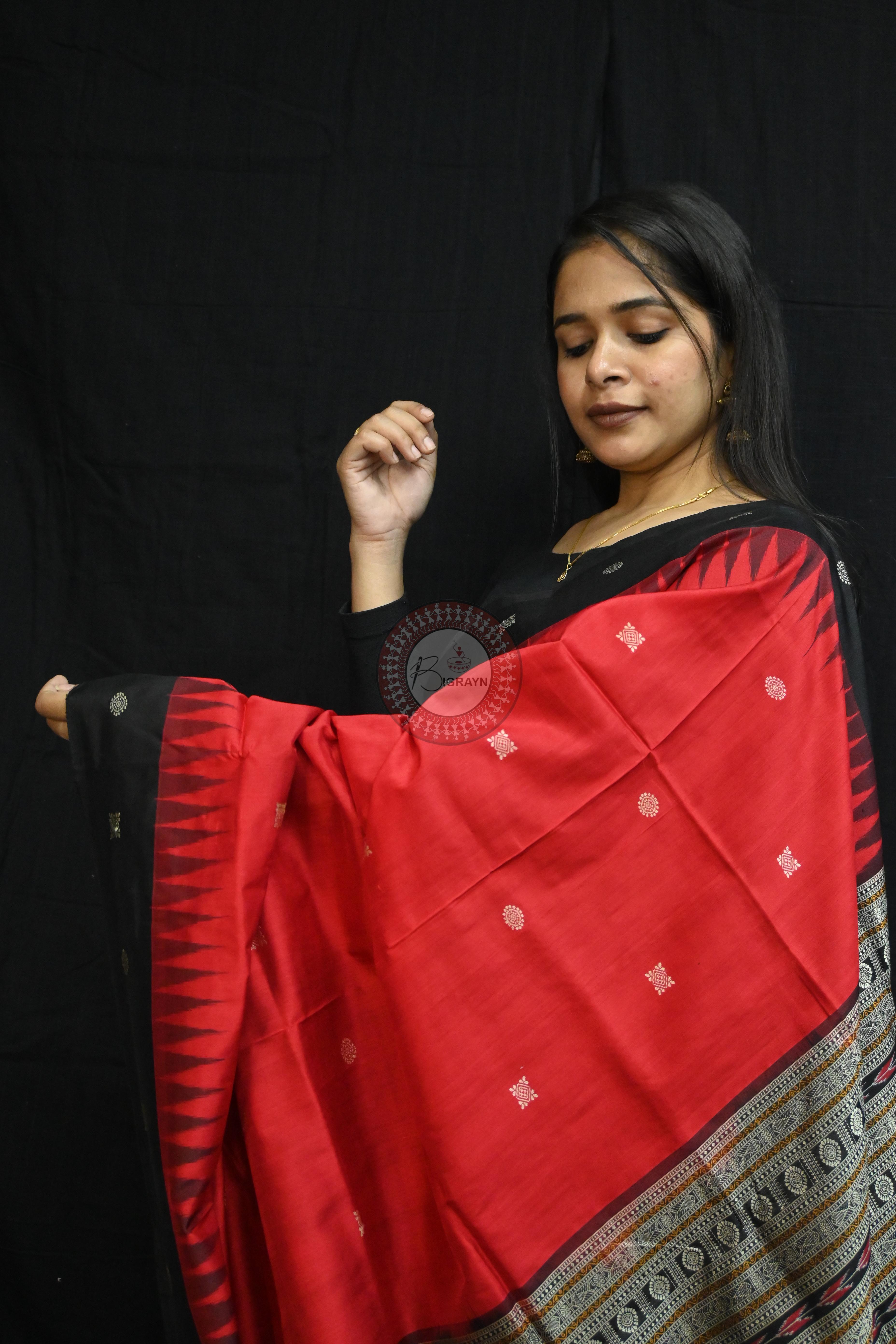 Red Black Flower Bomkai Silk Saree