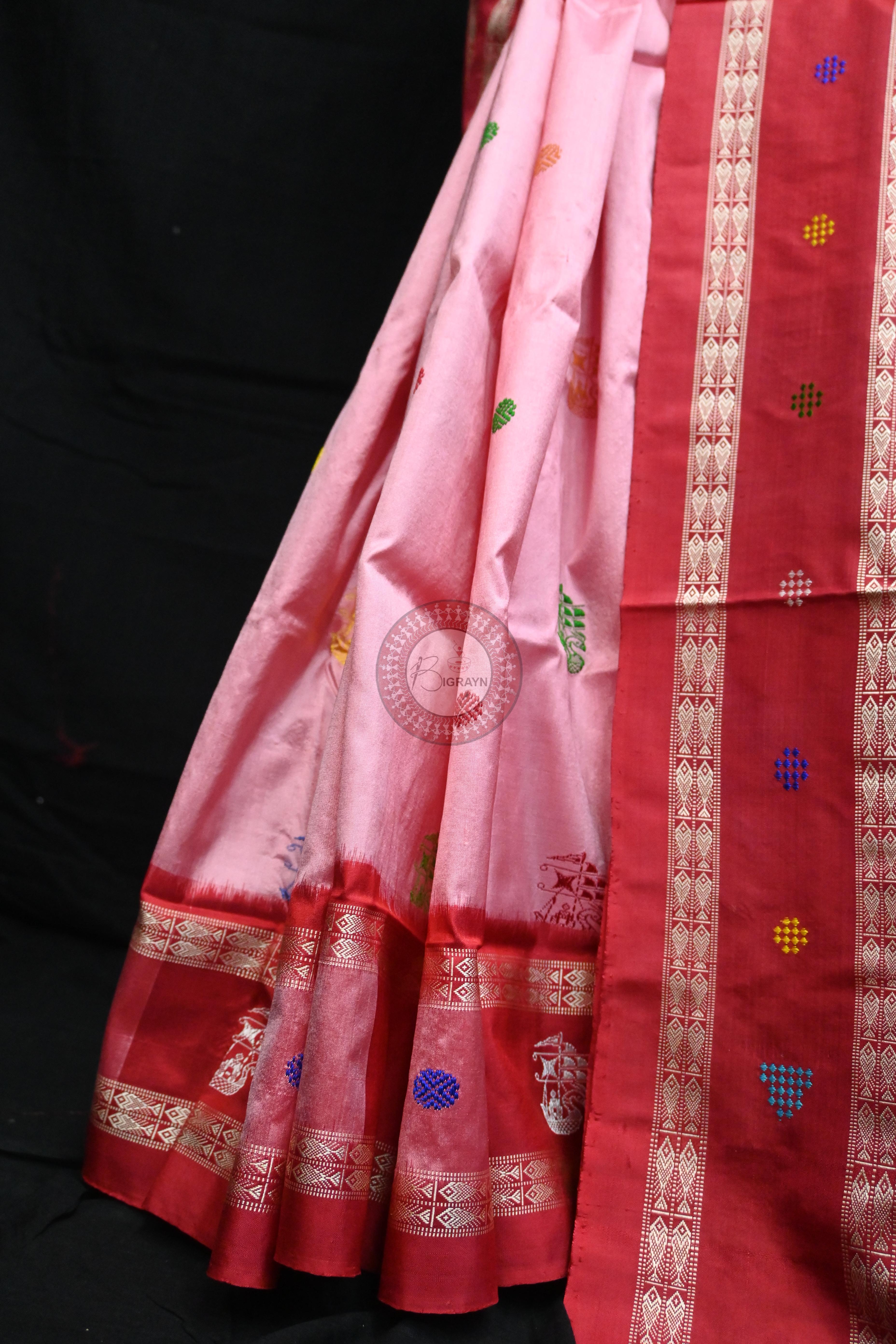 Pink Red Boita Bomkai Silk Saree