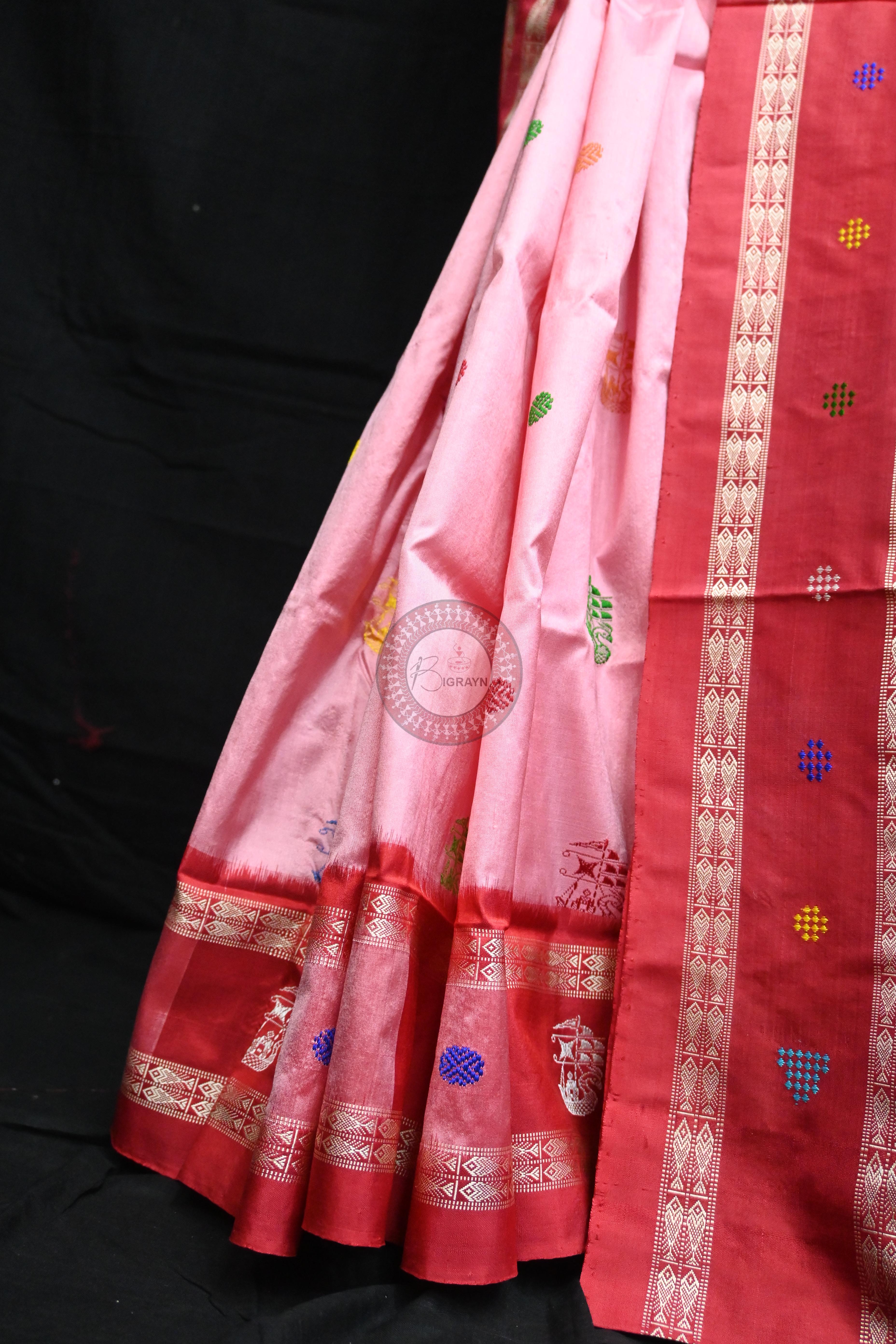 Pink Red Boita Bomkai Silk Saree