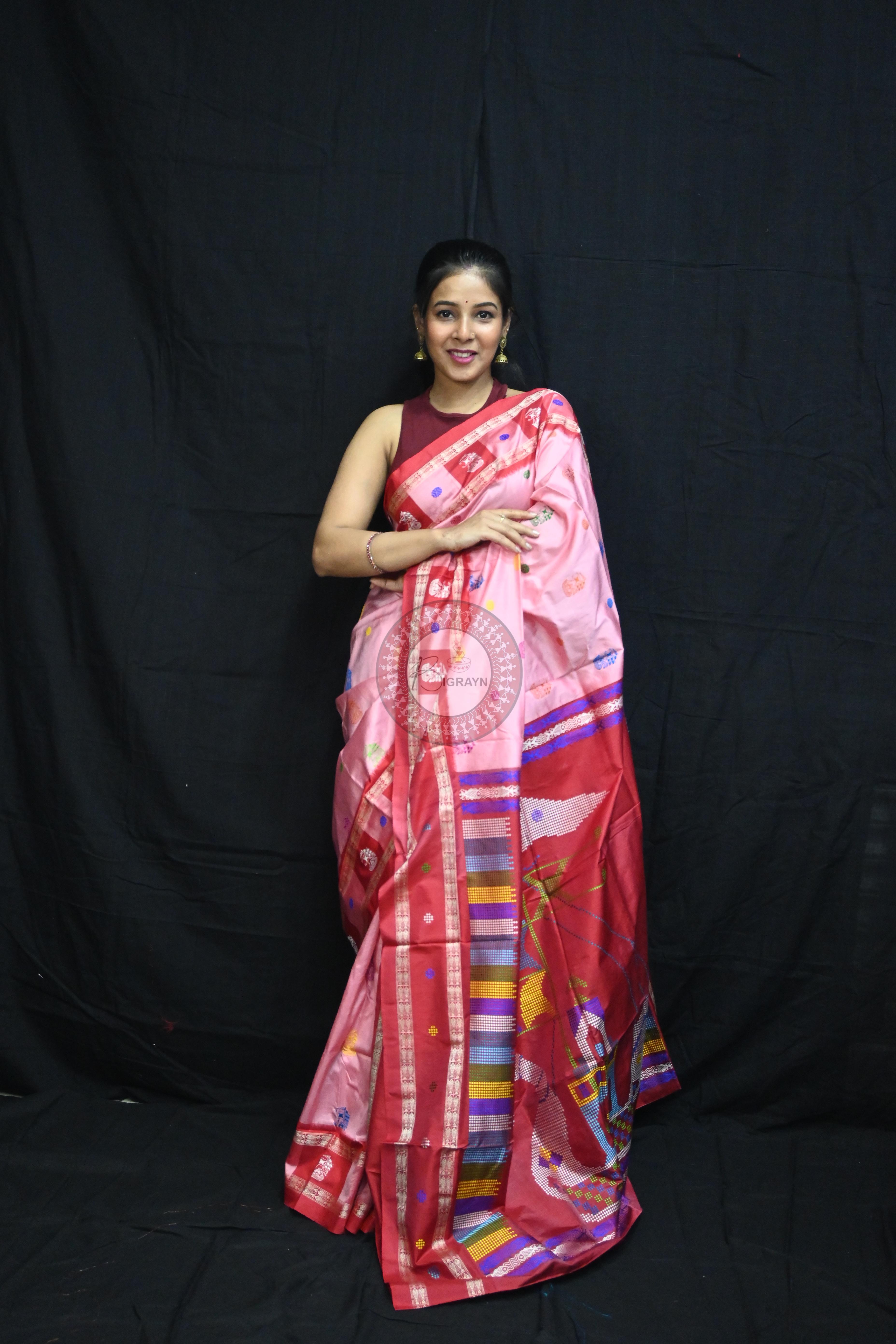Pink Red Boita Bomkai Silk Saree