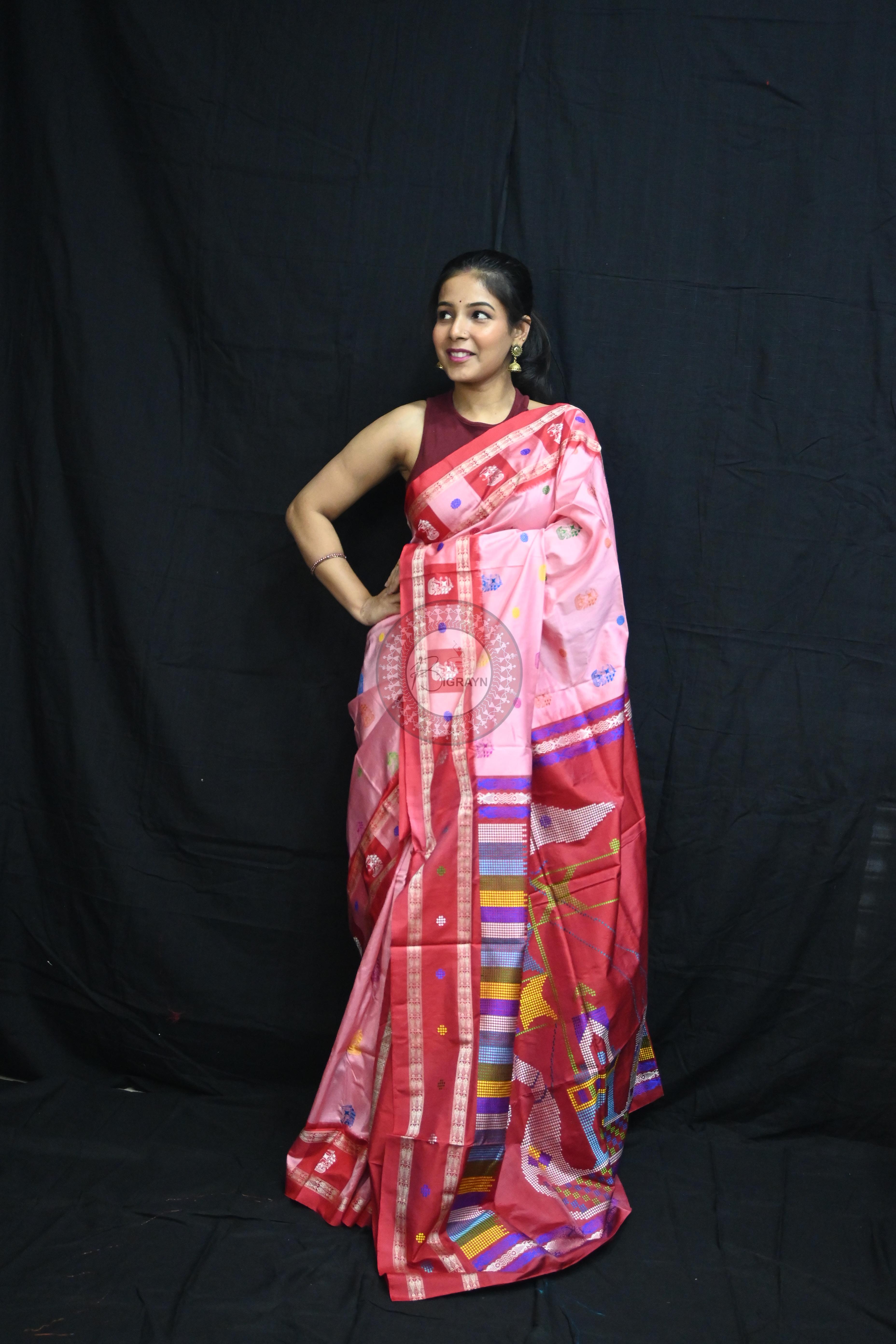 Pink Red Boita Bomkai Silk Saree