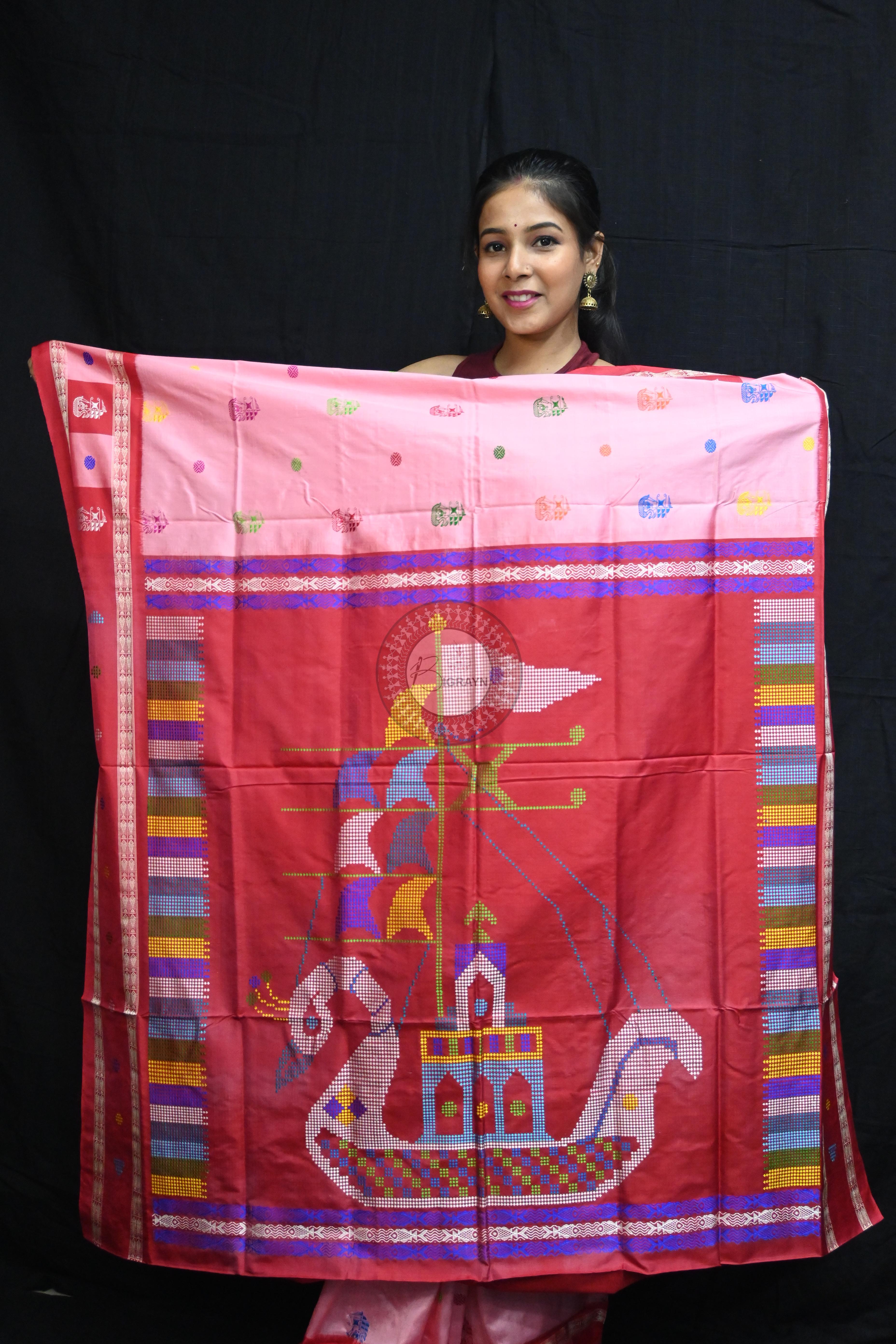 Pink Red Boita Bomkai Silk Saree