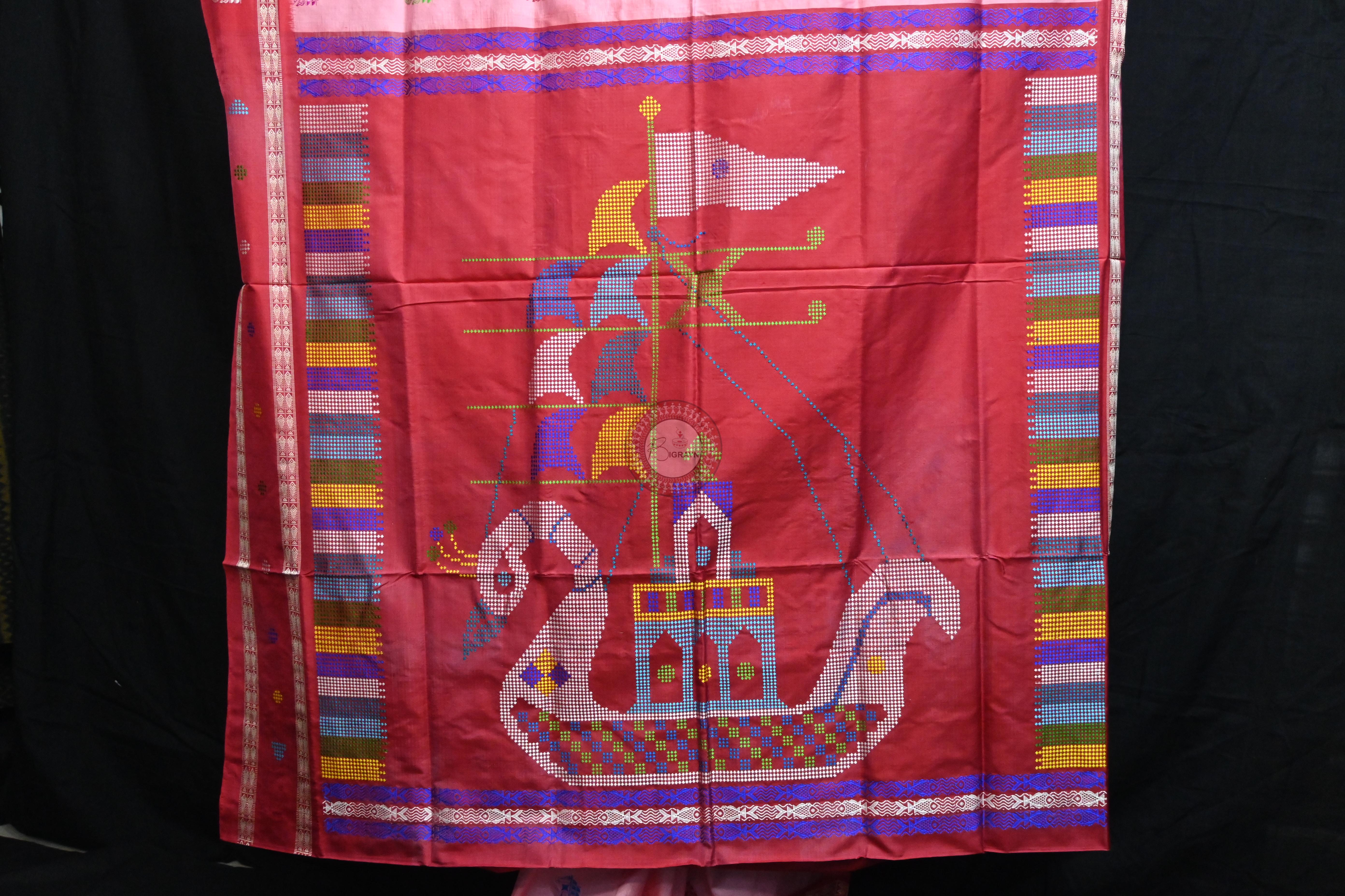 Pink Red Boita Bomkai Silk Saree