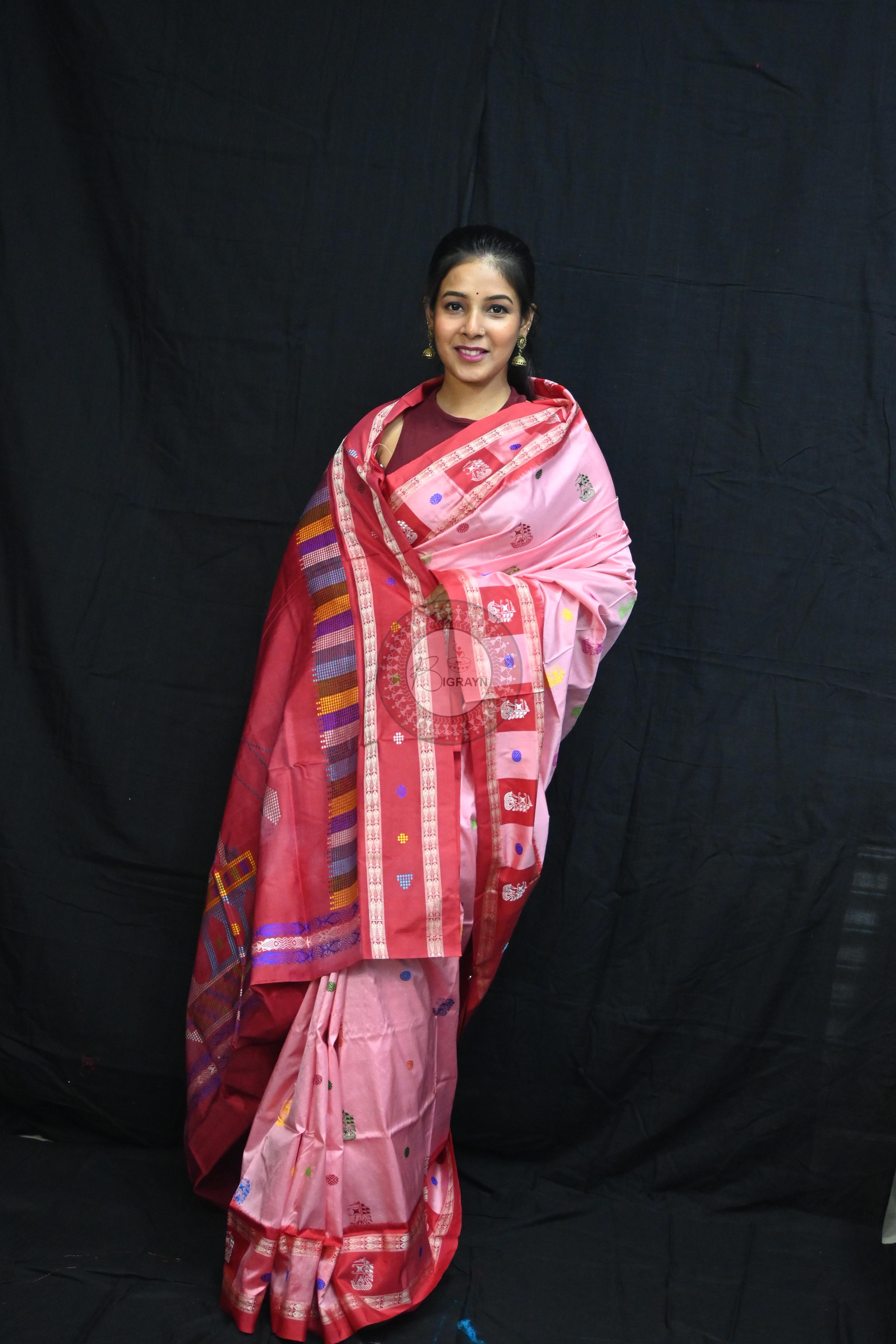 Pink Red Boita Bomkai Silk Saree
