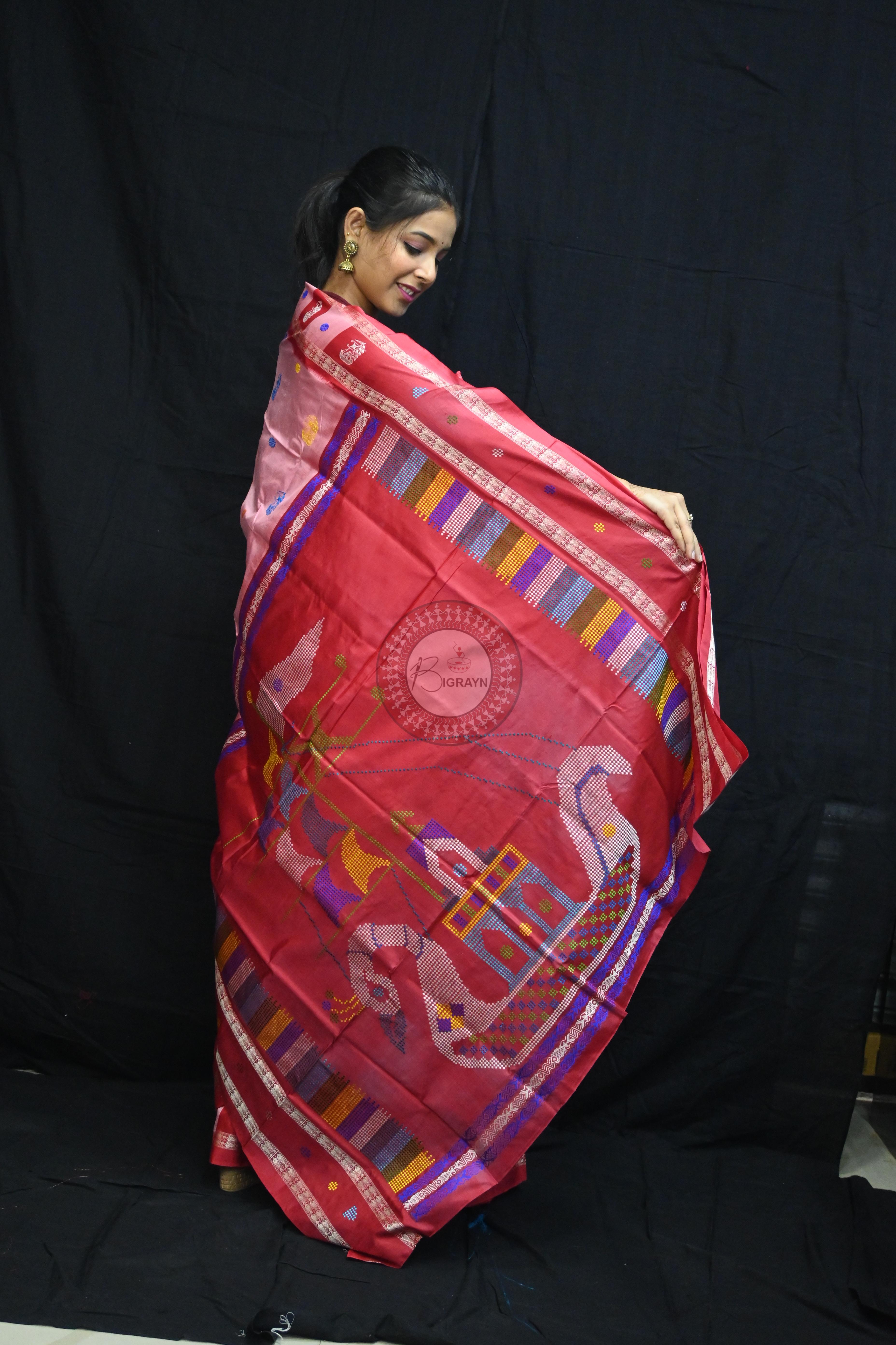 Pink Red Boita Bomkai Silk Saree