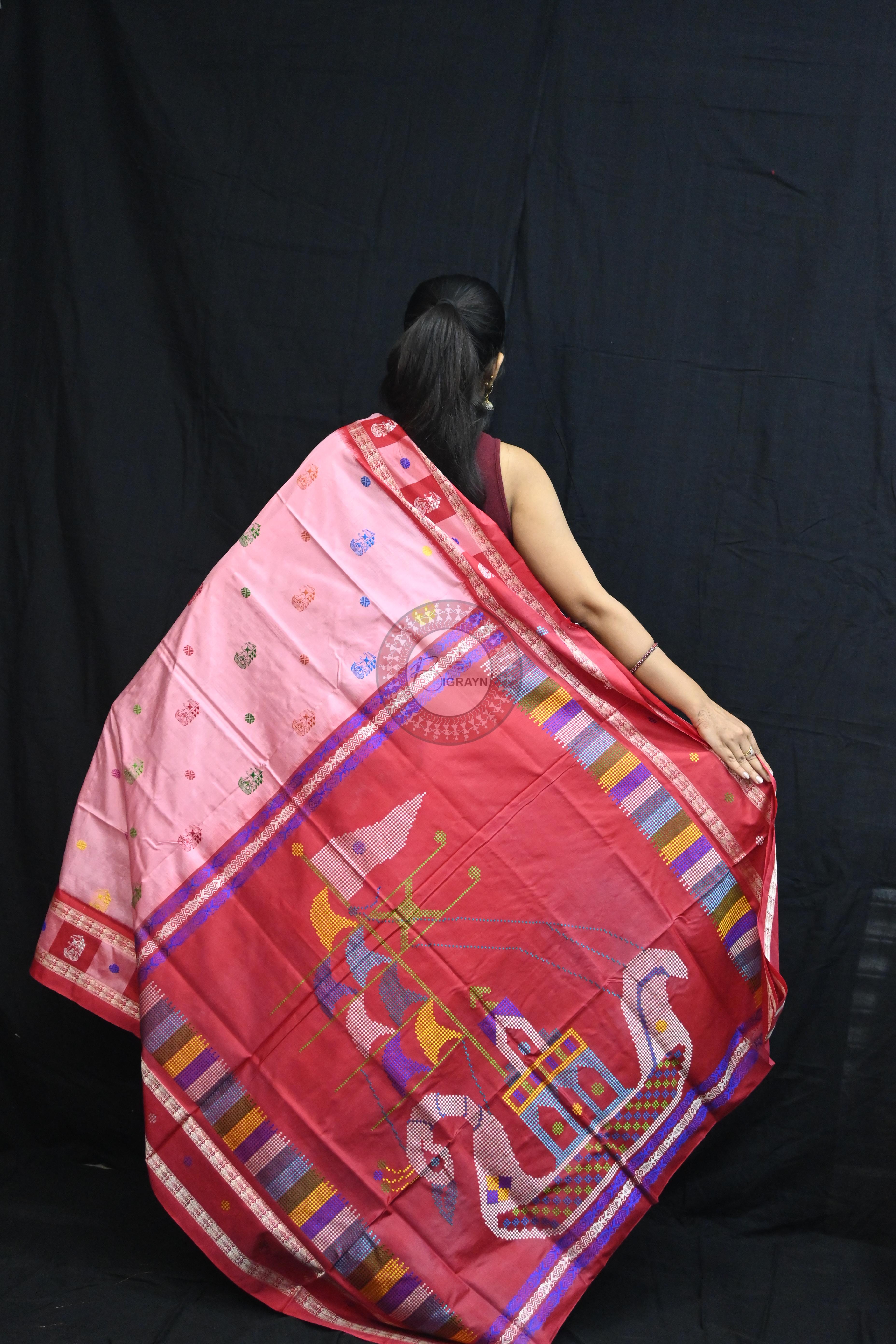 Pink Red Boita Bomkai Silk Saree