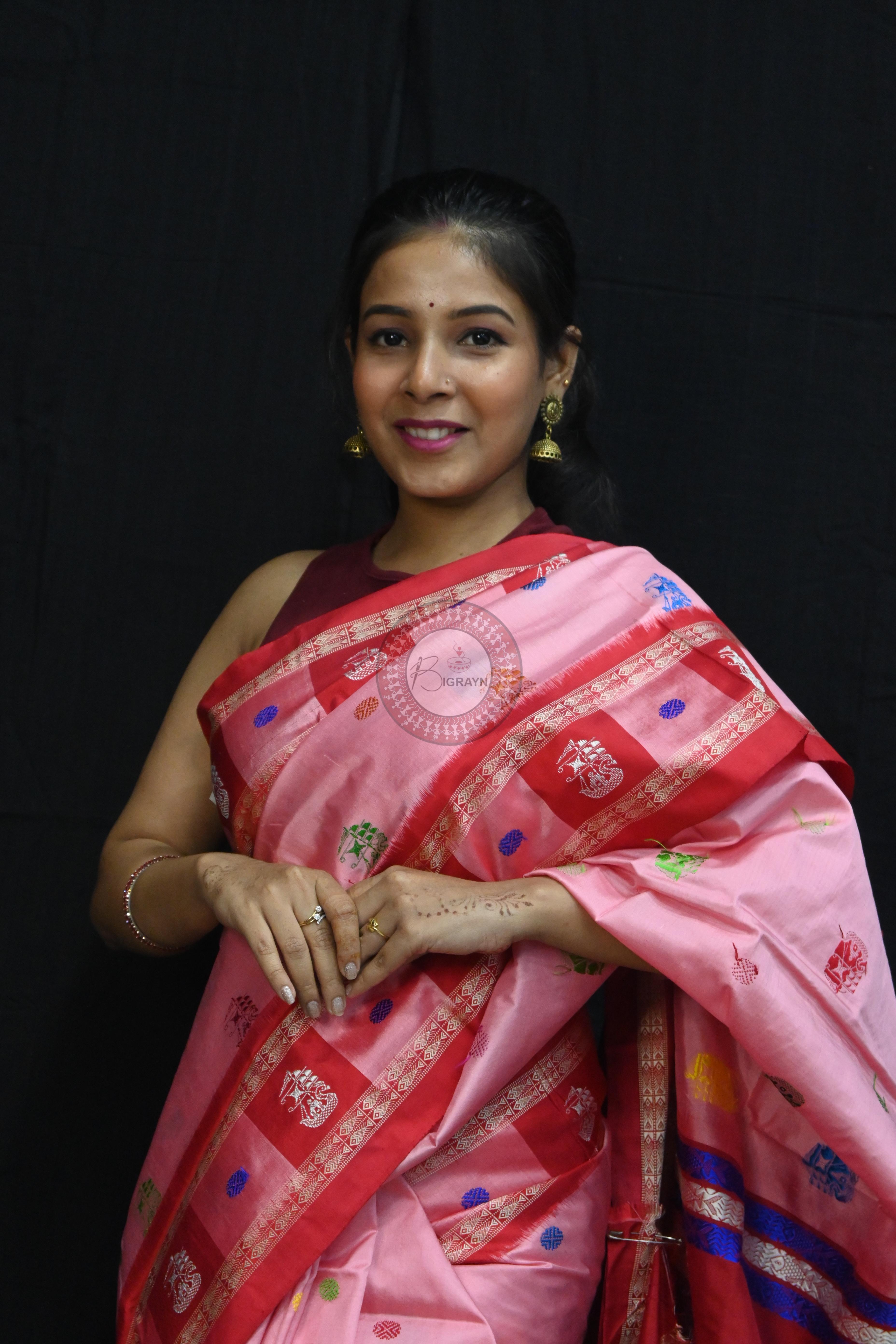Pink Red Boita Bomkai Silk Saree