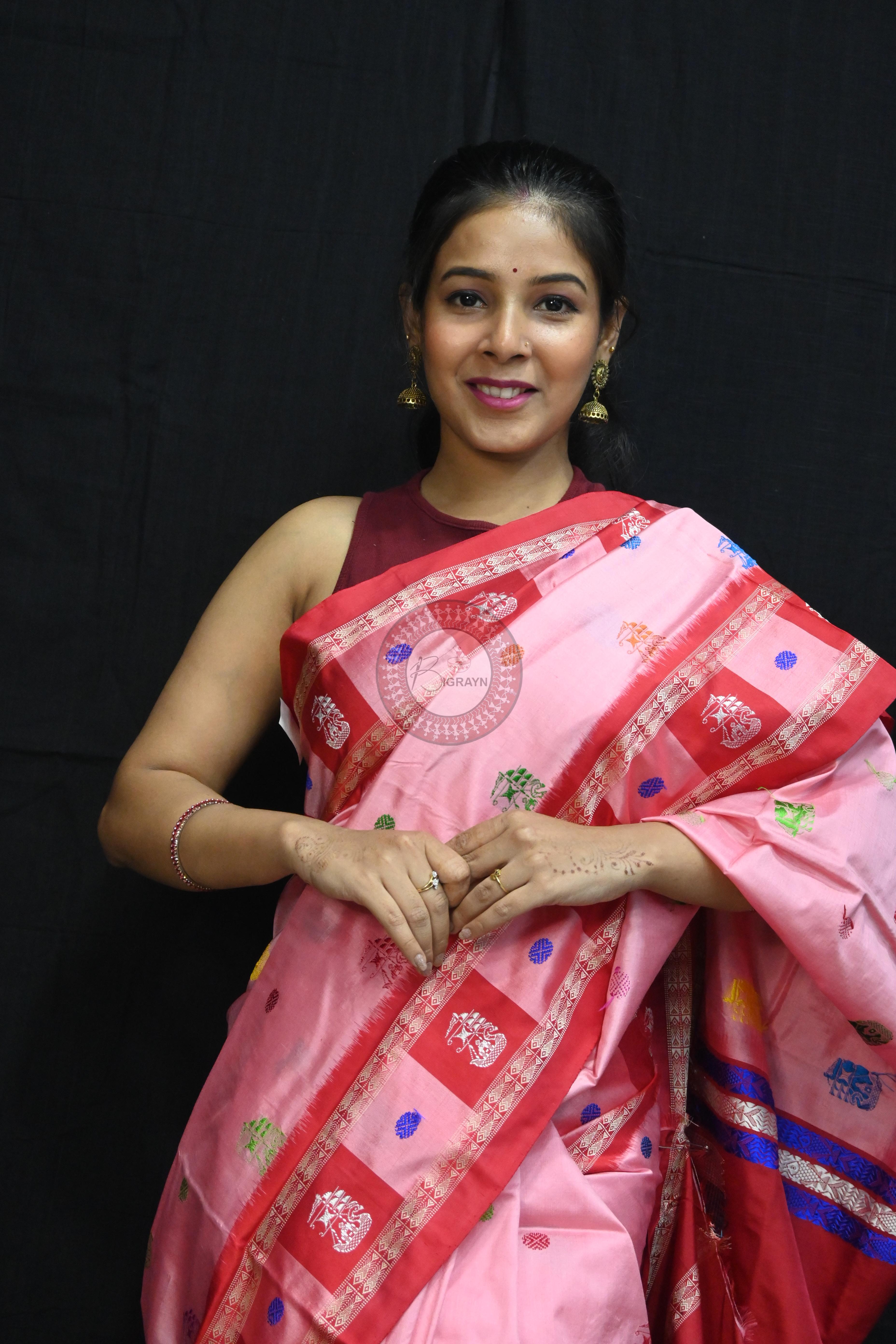 Pink Red Boita Bomkai Silk Saree