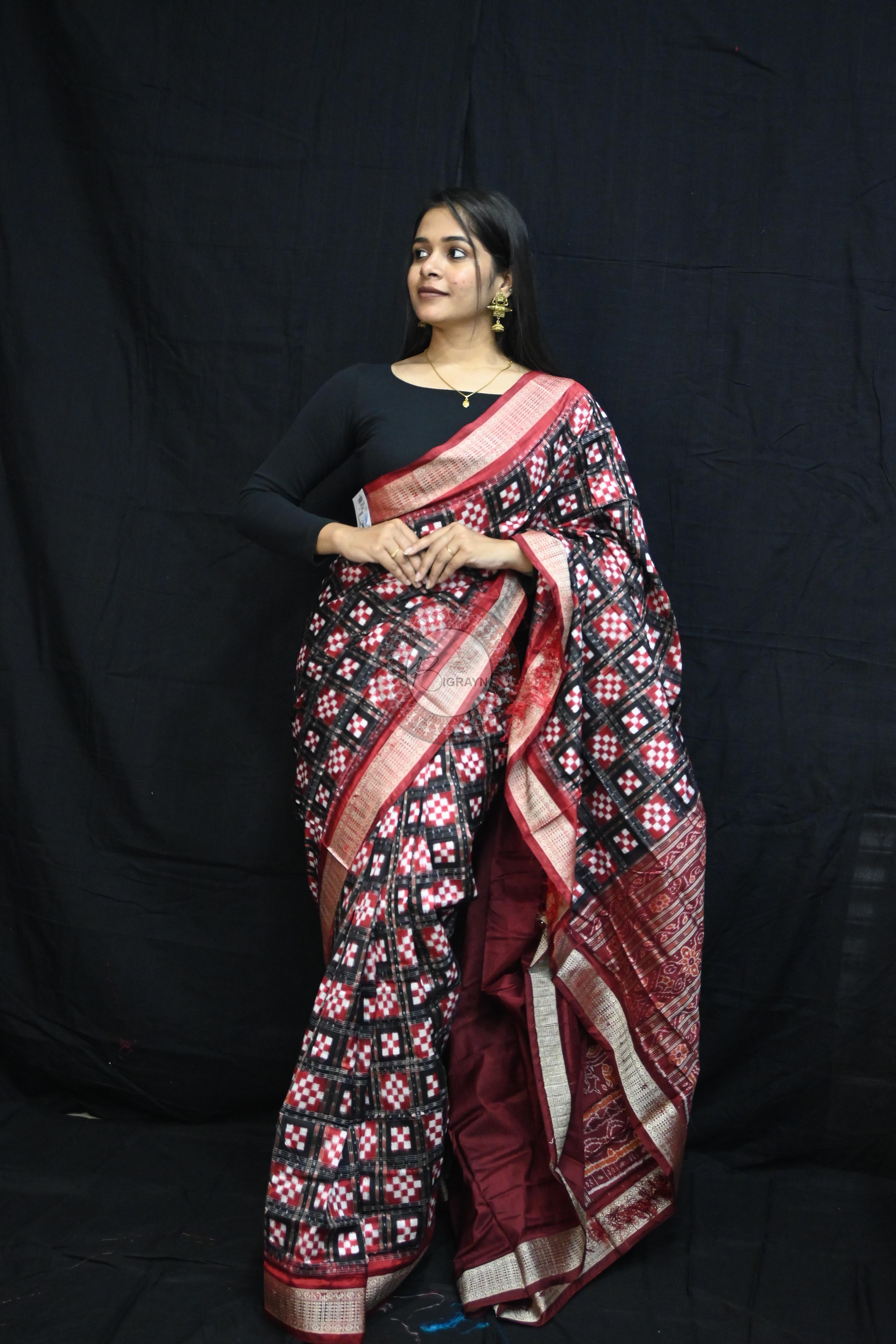Black Maroon Pasapali Sambalpuri Silk Saree