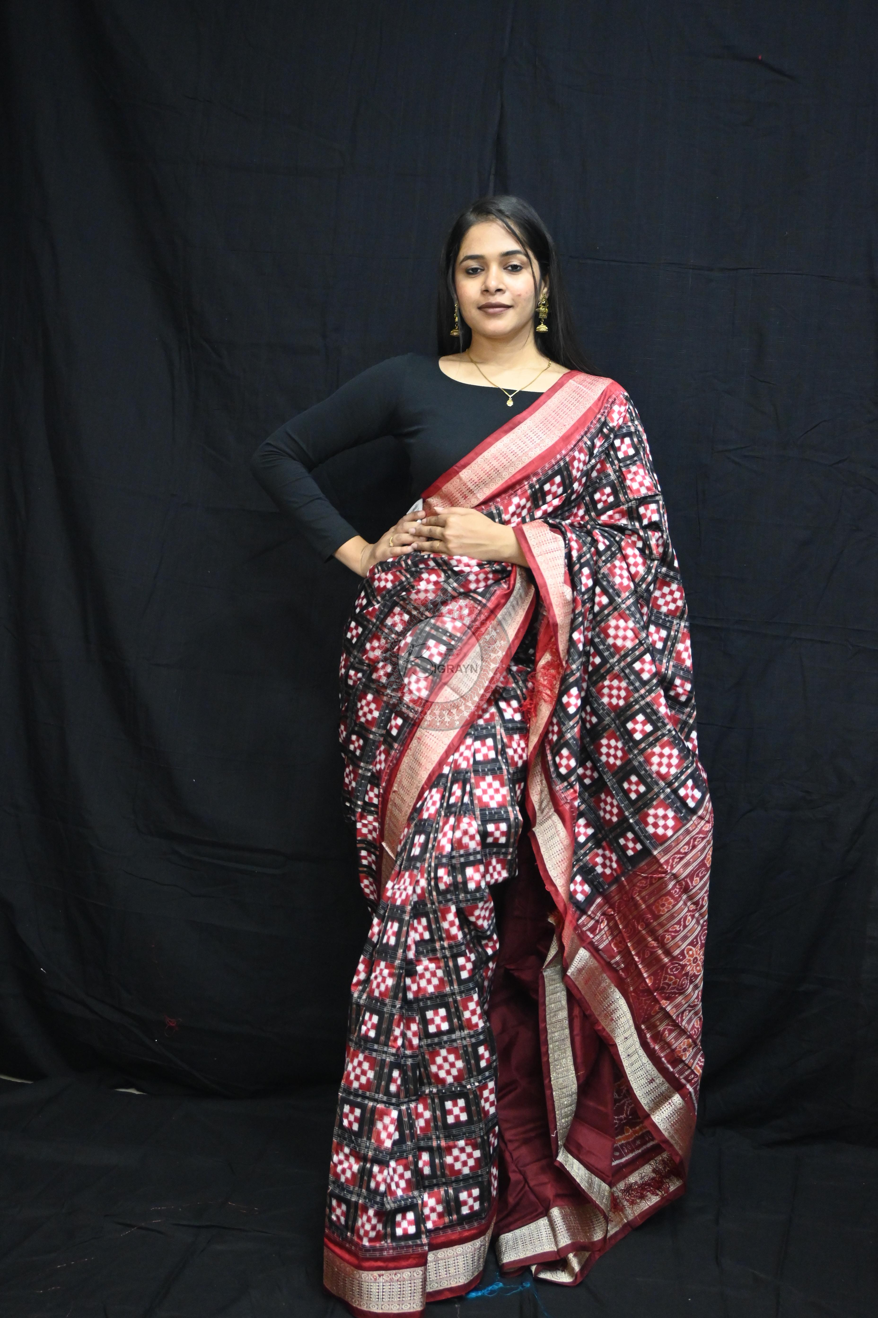 Black Maroon Pasapali Sambalpuri Silk Saree