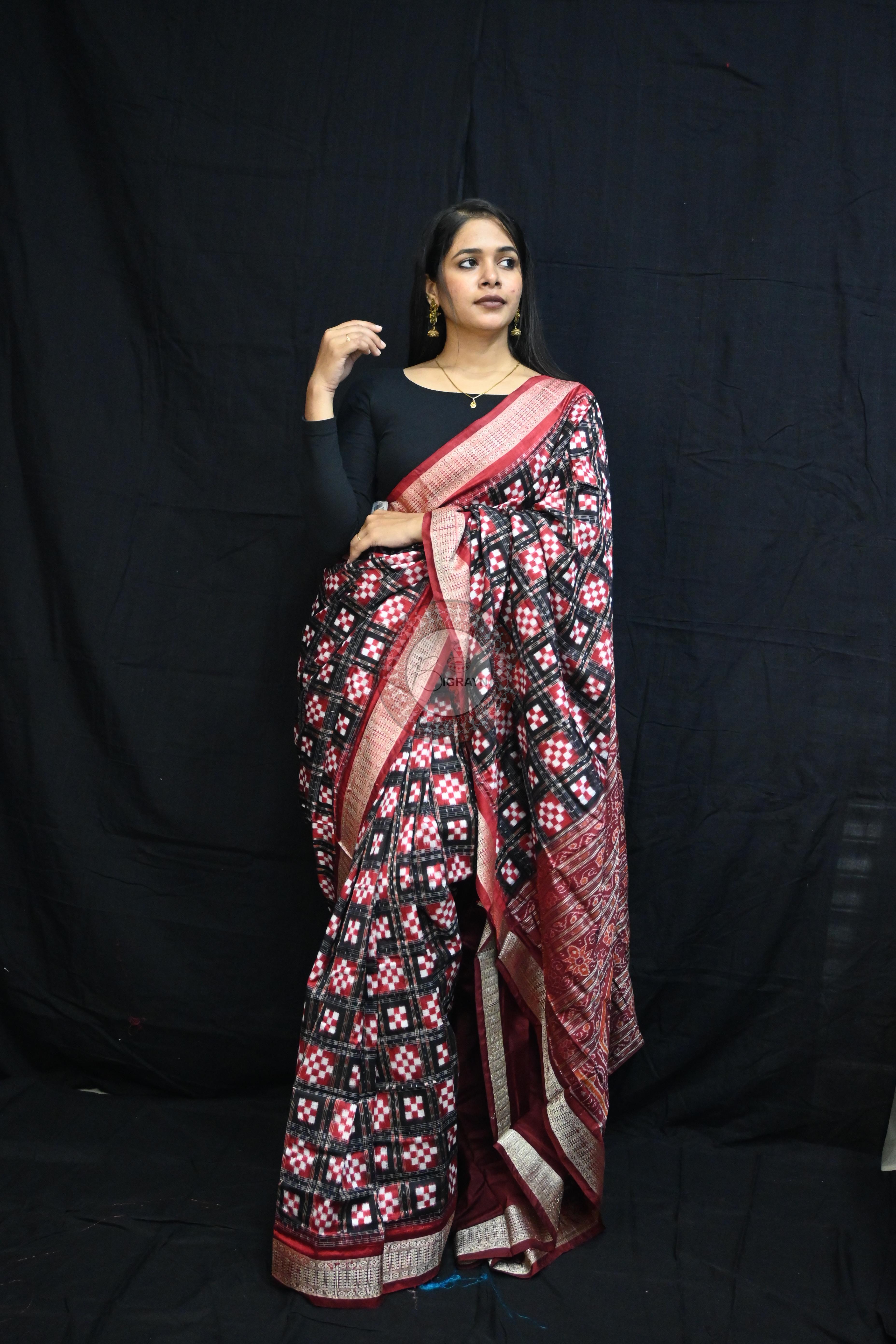Black Maroon Pasapali Sambalpuri Silk Saree