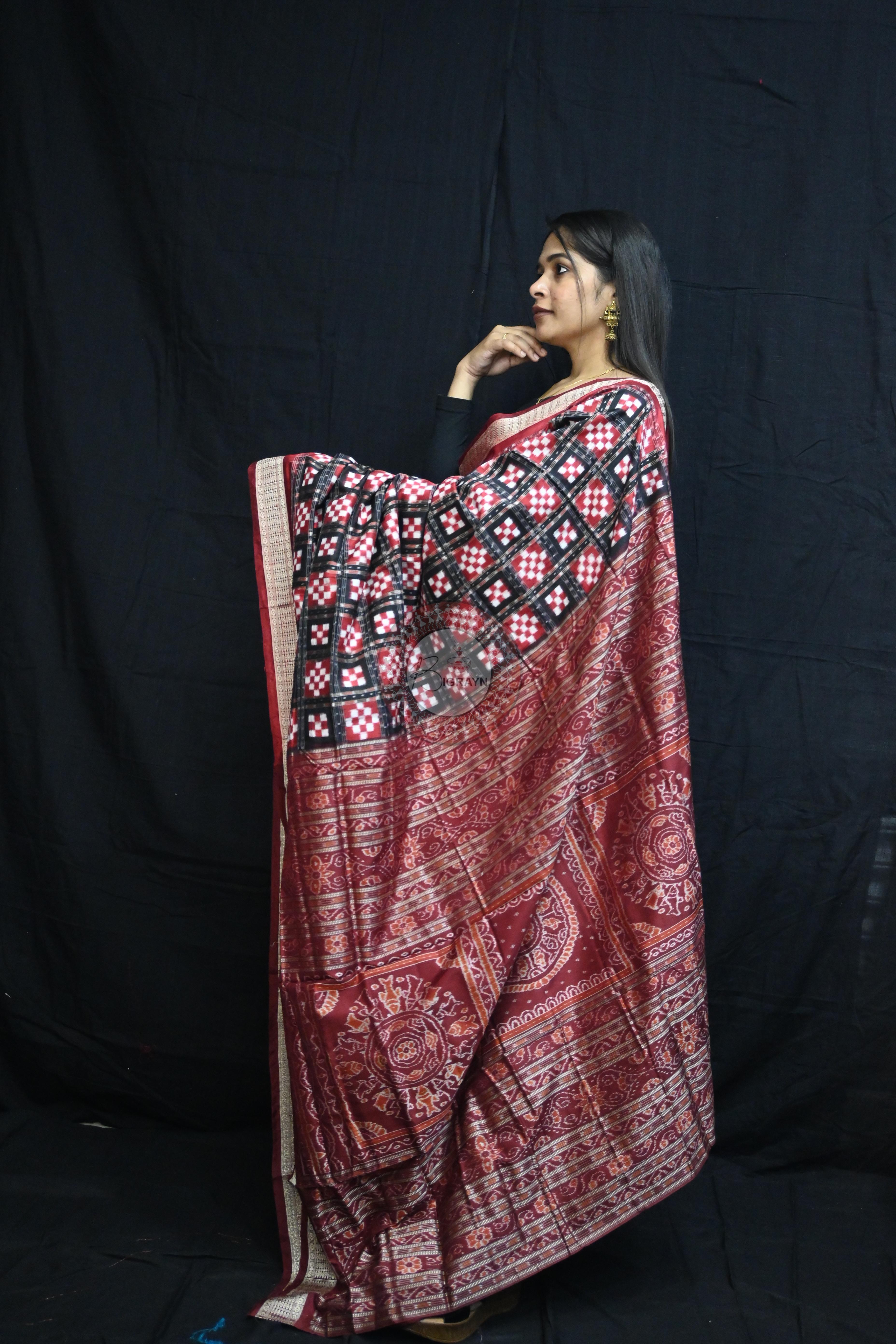 Black Maroon Pasapali Sambalpuri Silk Saree