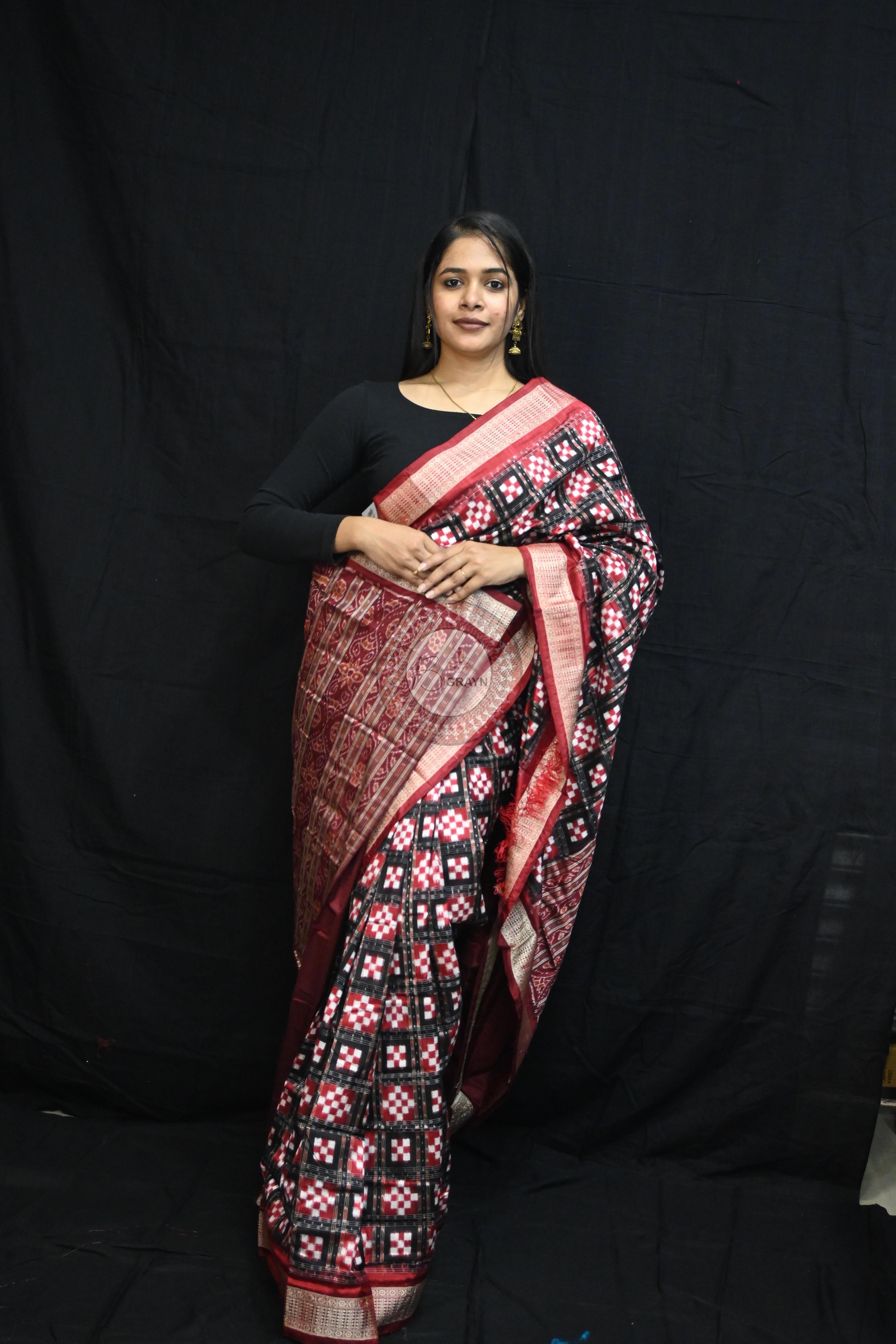 Black Maroon Pasapali Sambalpuri Silk Saree