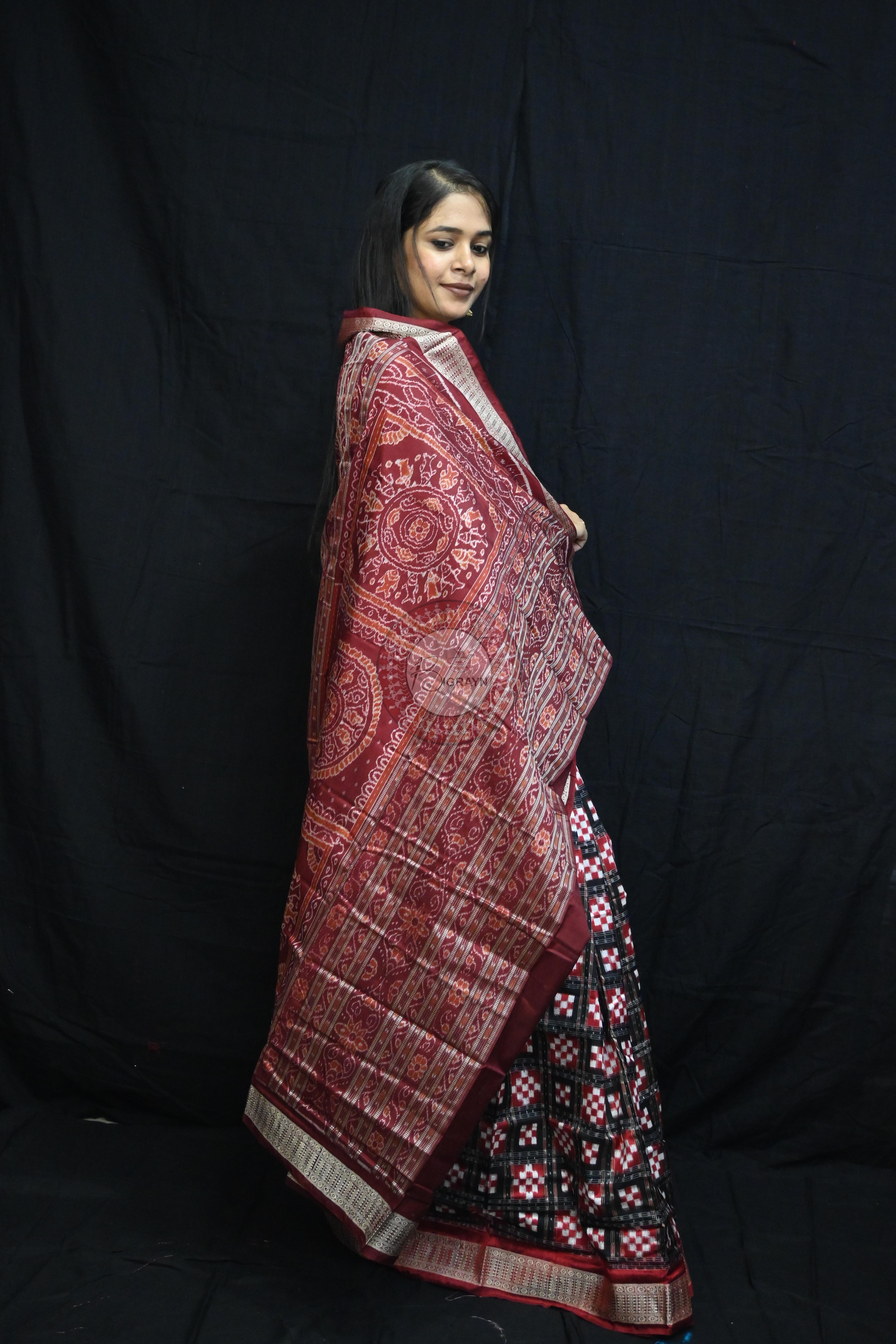 Black Maroon Pasapali Sambalpuri Silk Saree