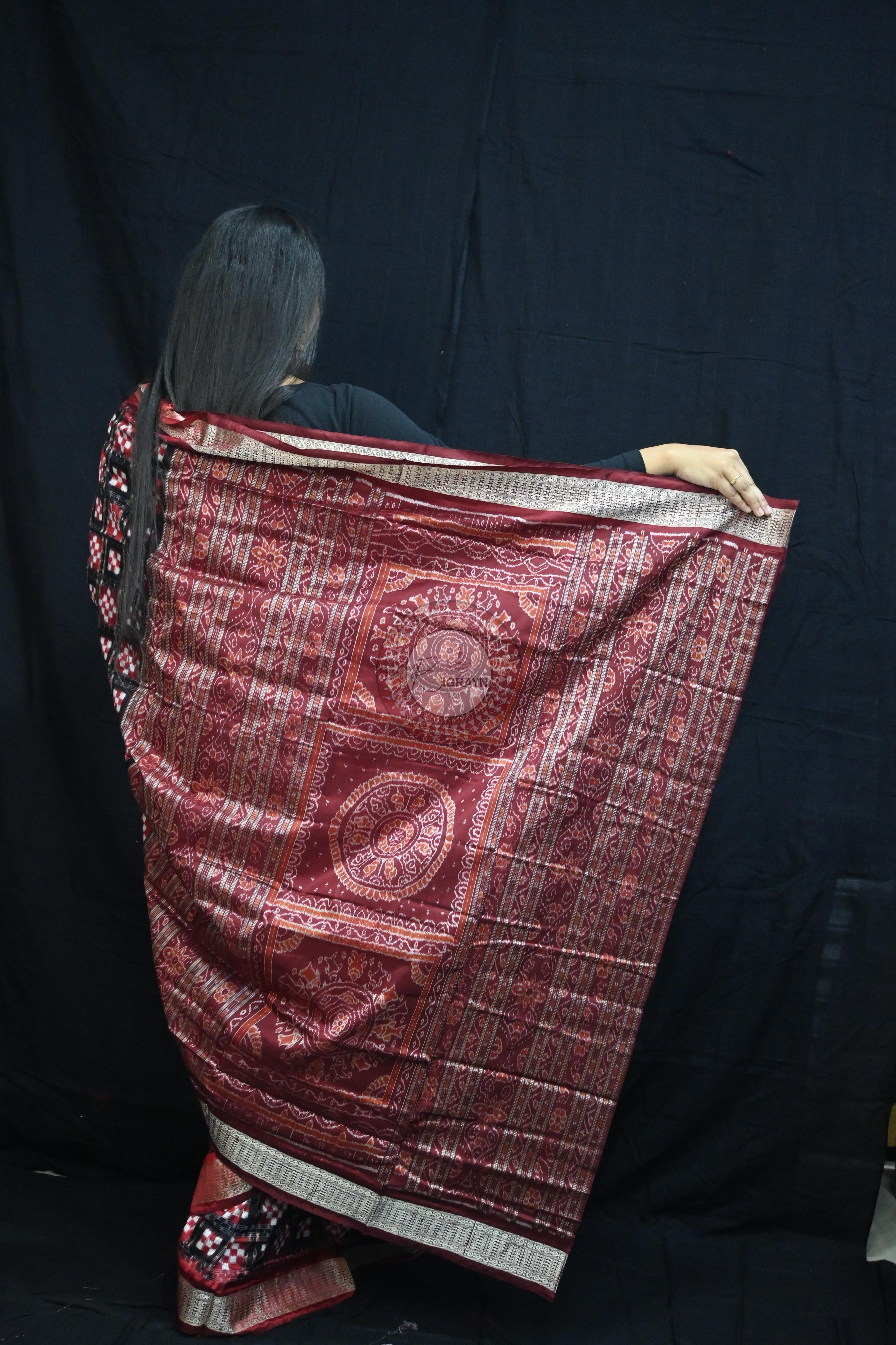 Black Maroon Pasapali Sambalpuri Silk Saree