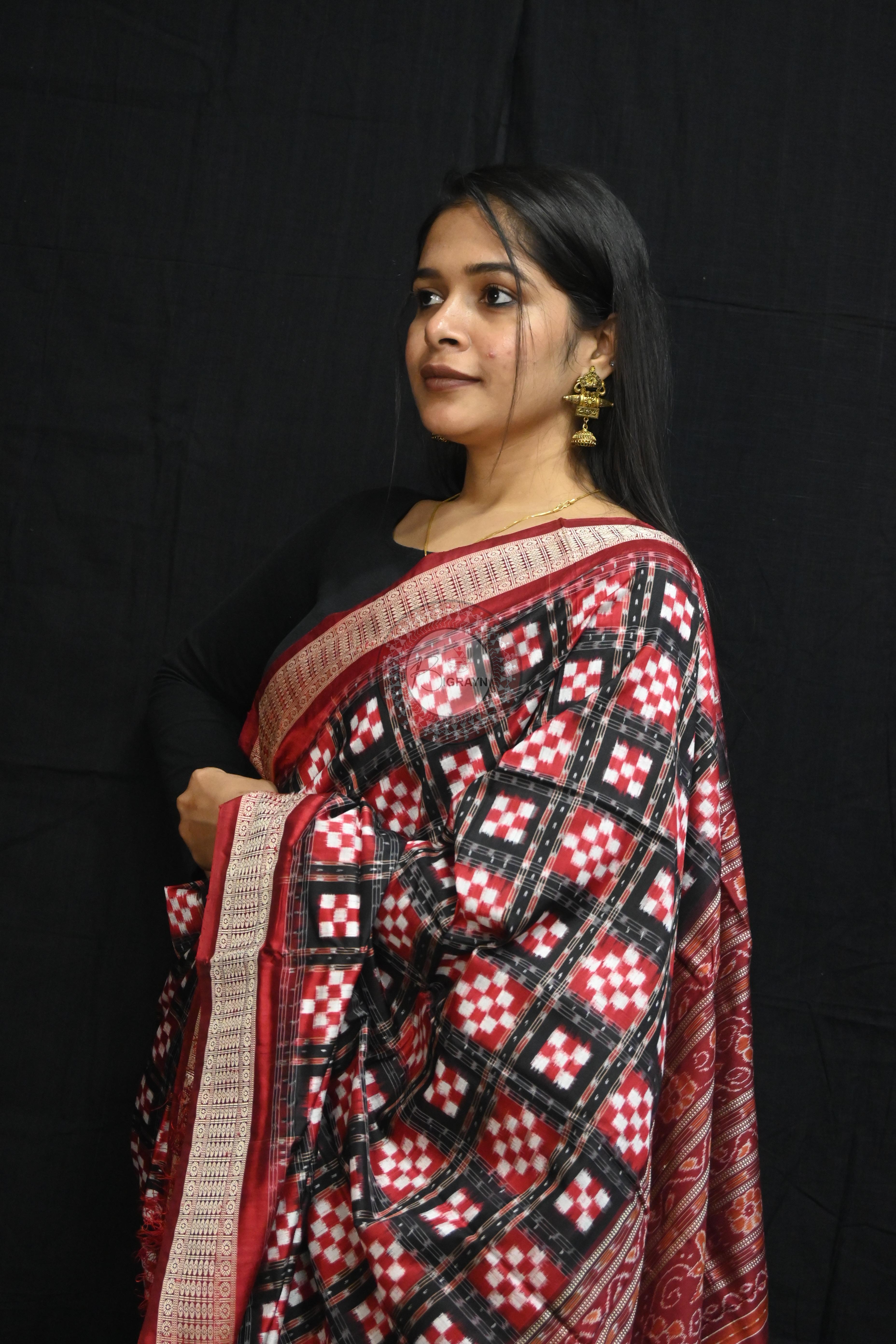 Black Maroon Pasapali Sambalpuri Silk Saree