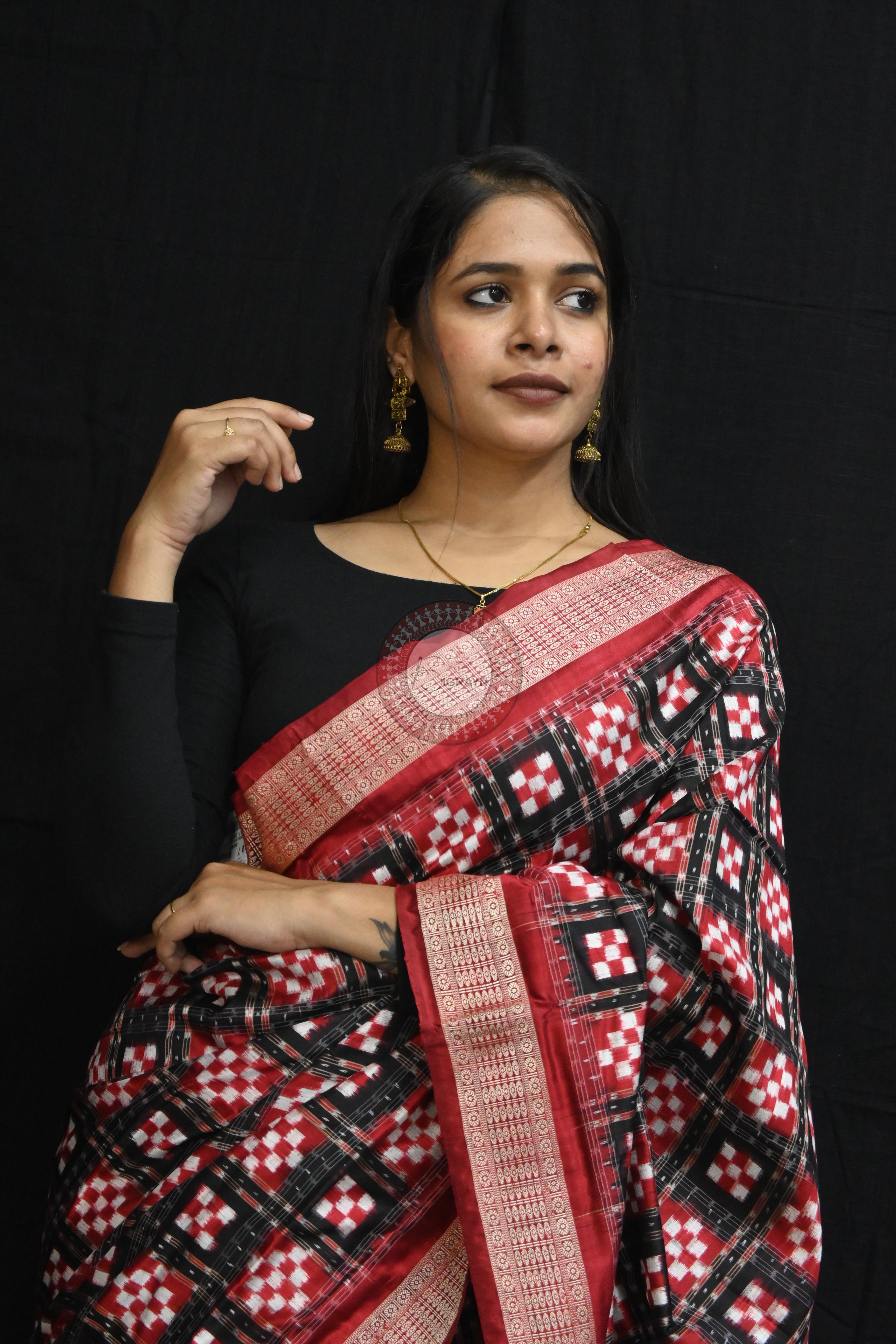 Black Maroon Pasapali Sambalpuri Silk Saree