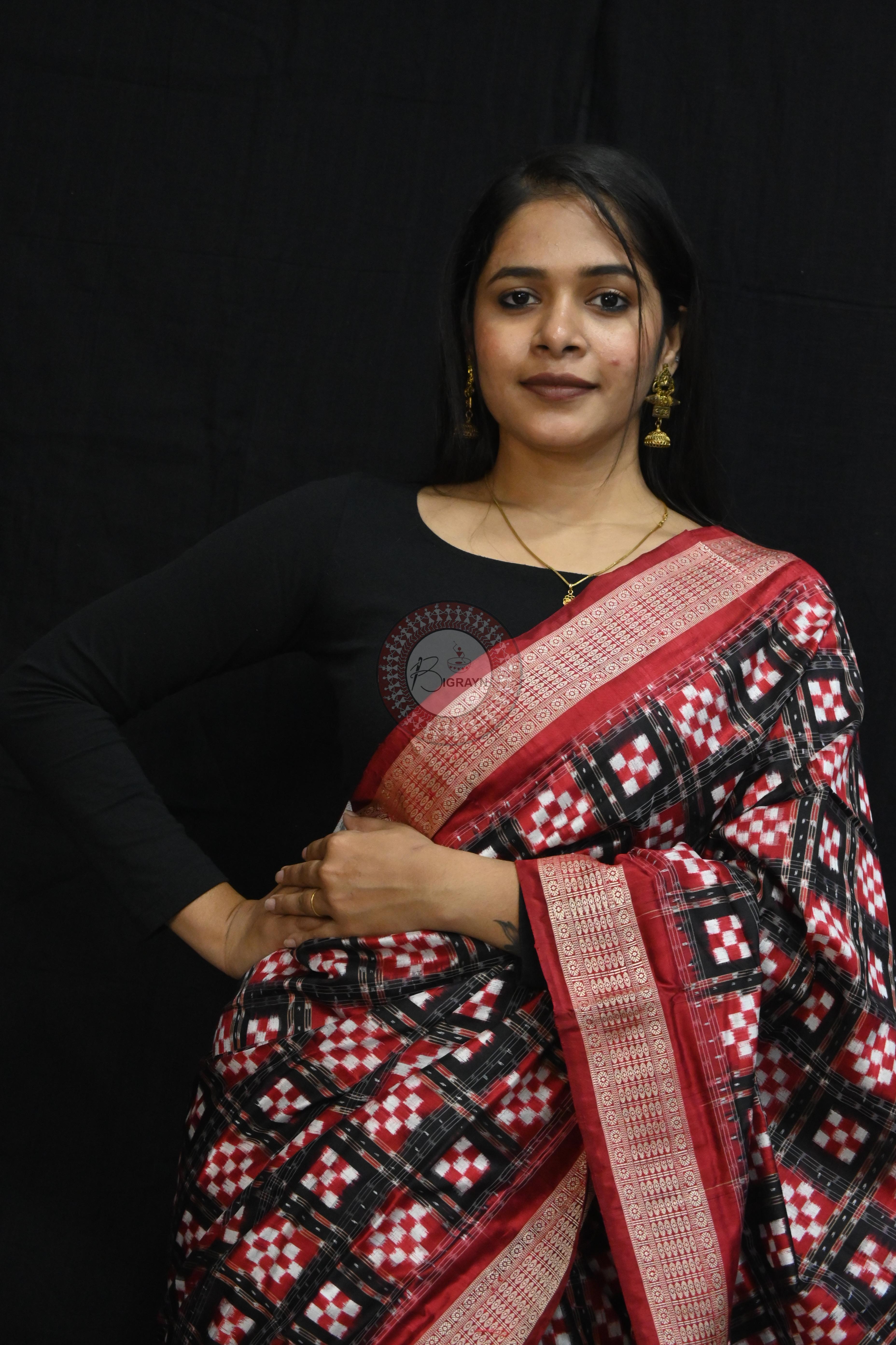Black Maroon Pasapali Sambalpuri Silk Saree