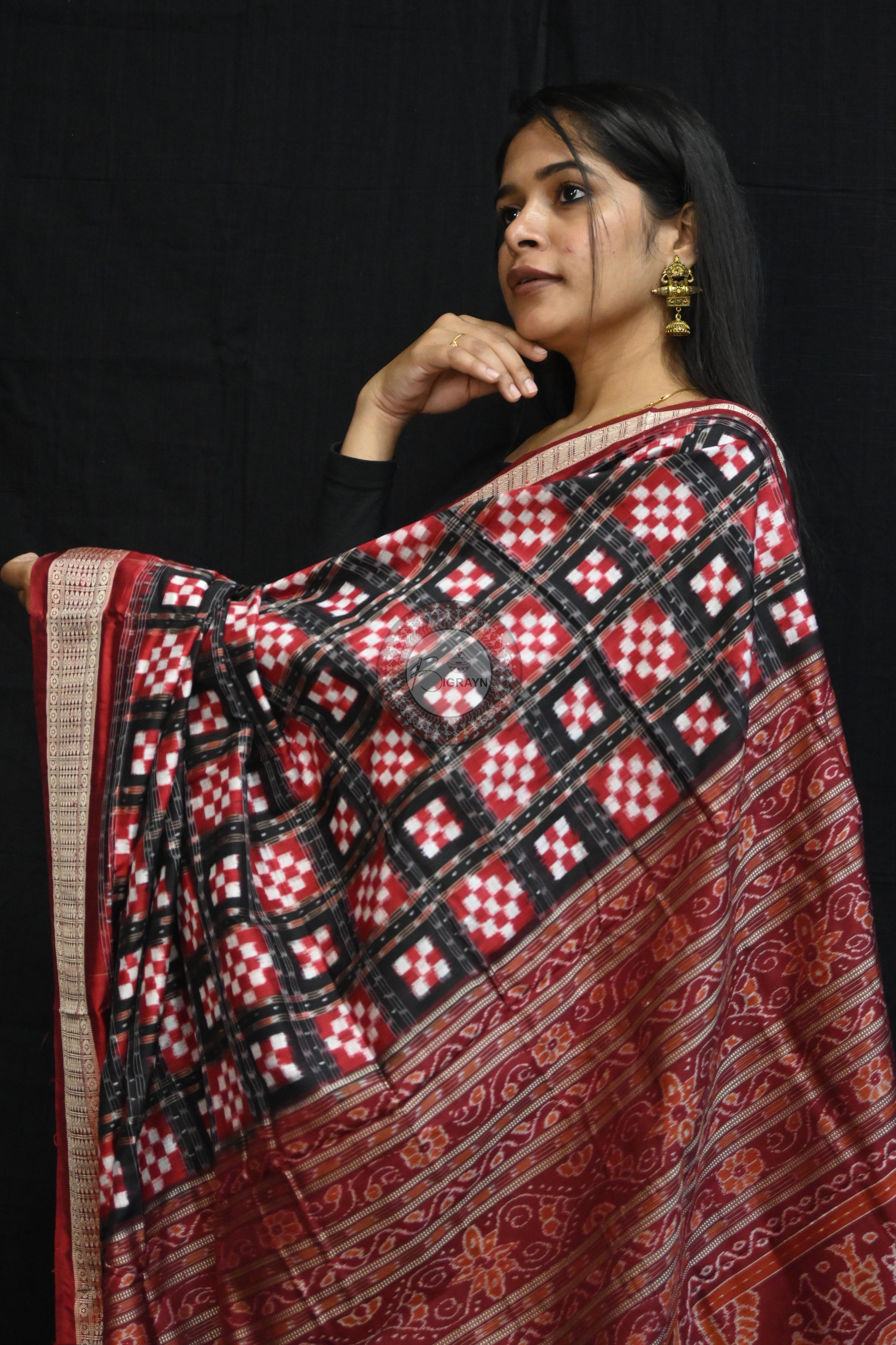 Black Maroon Pasapali Sambalpuri Silk Saree
