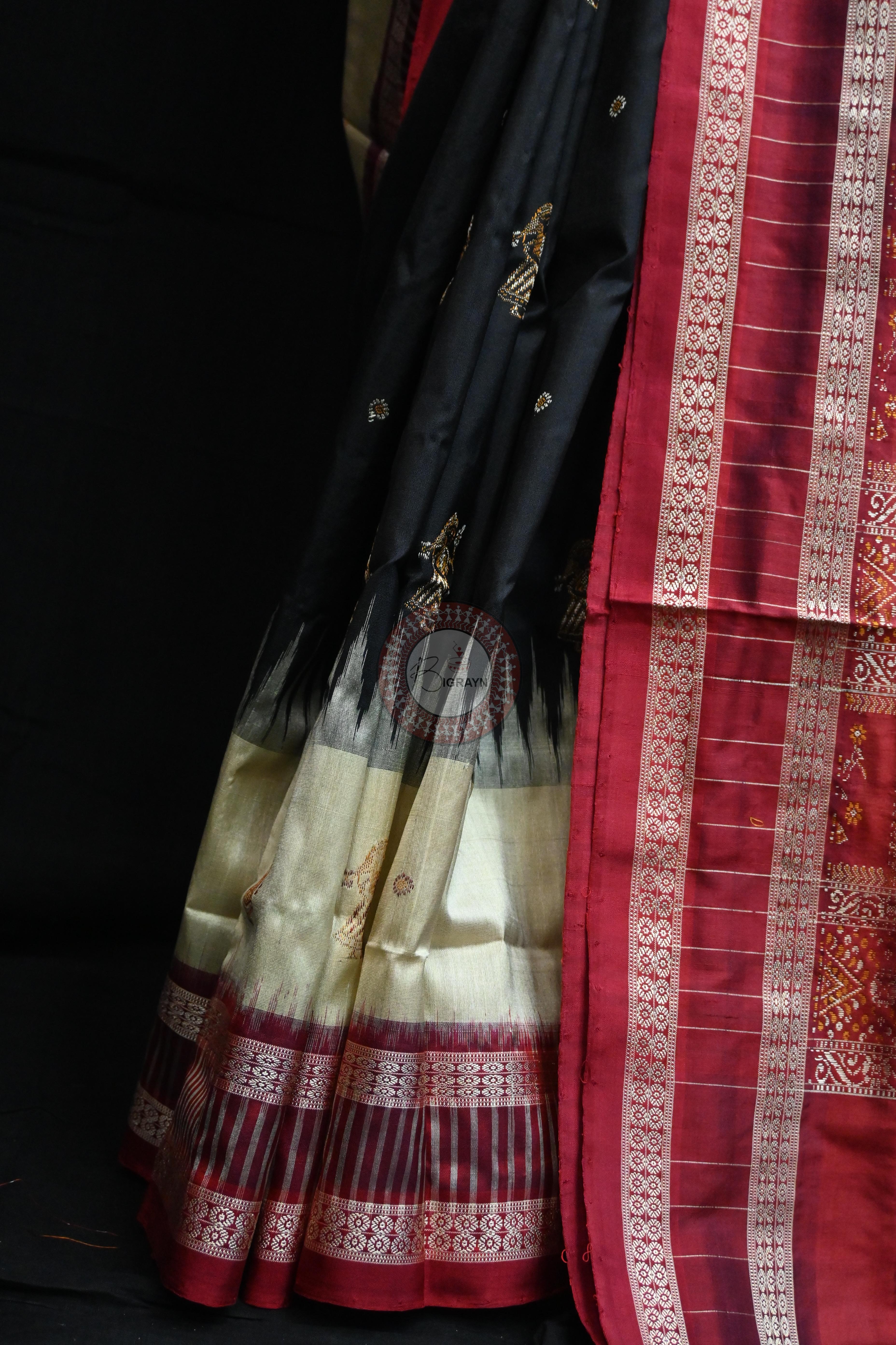 Black Cream Doll Kathifera Bomkai Silk Saree