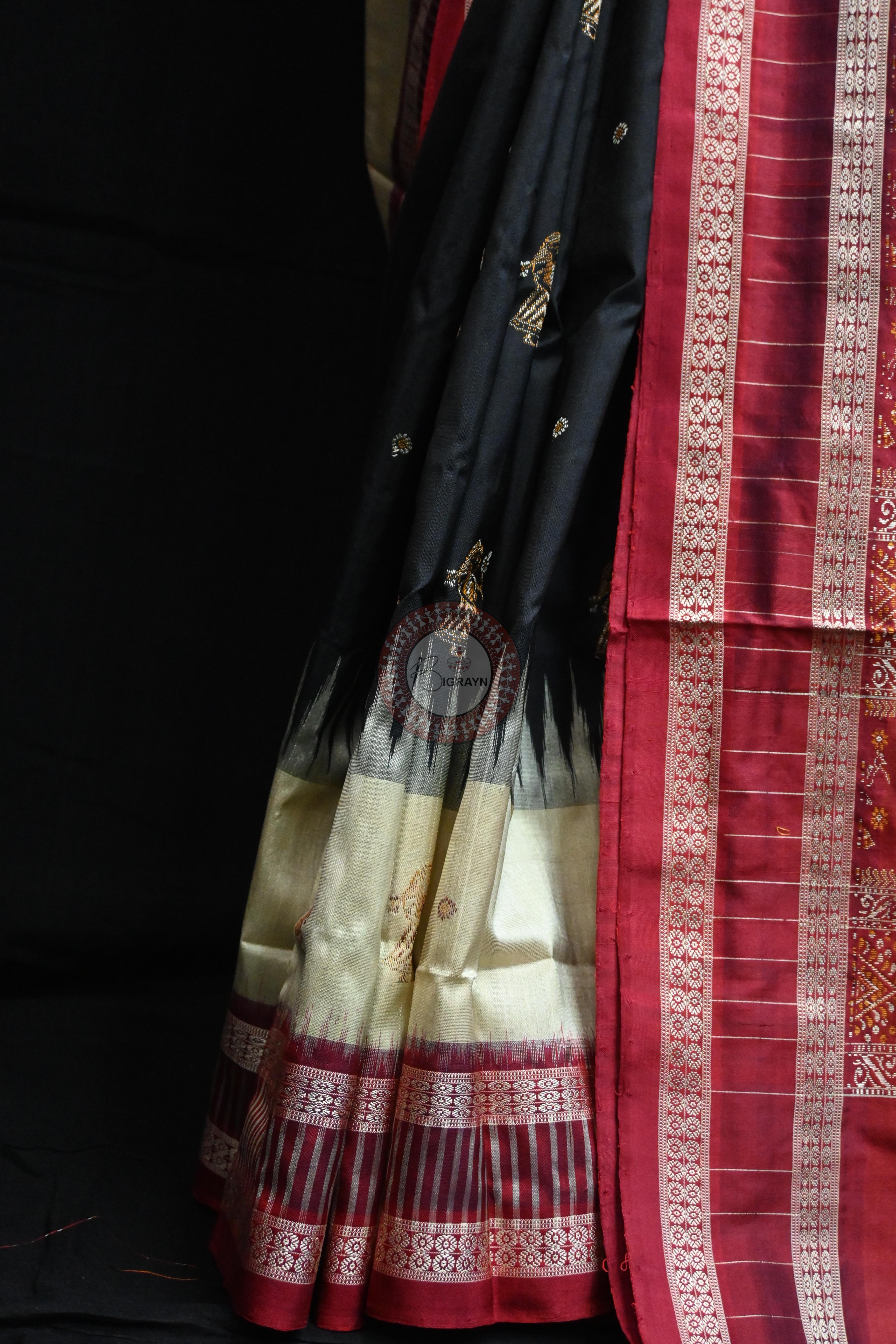 Black Cream Doll Kathifera Bomkai Silk Saree