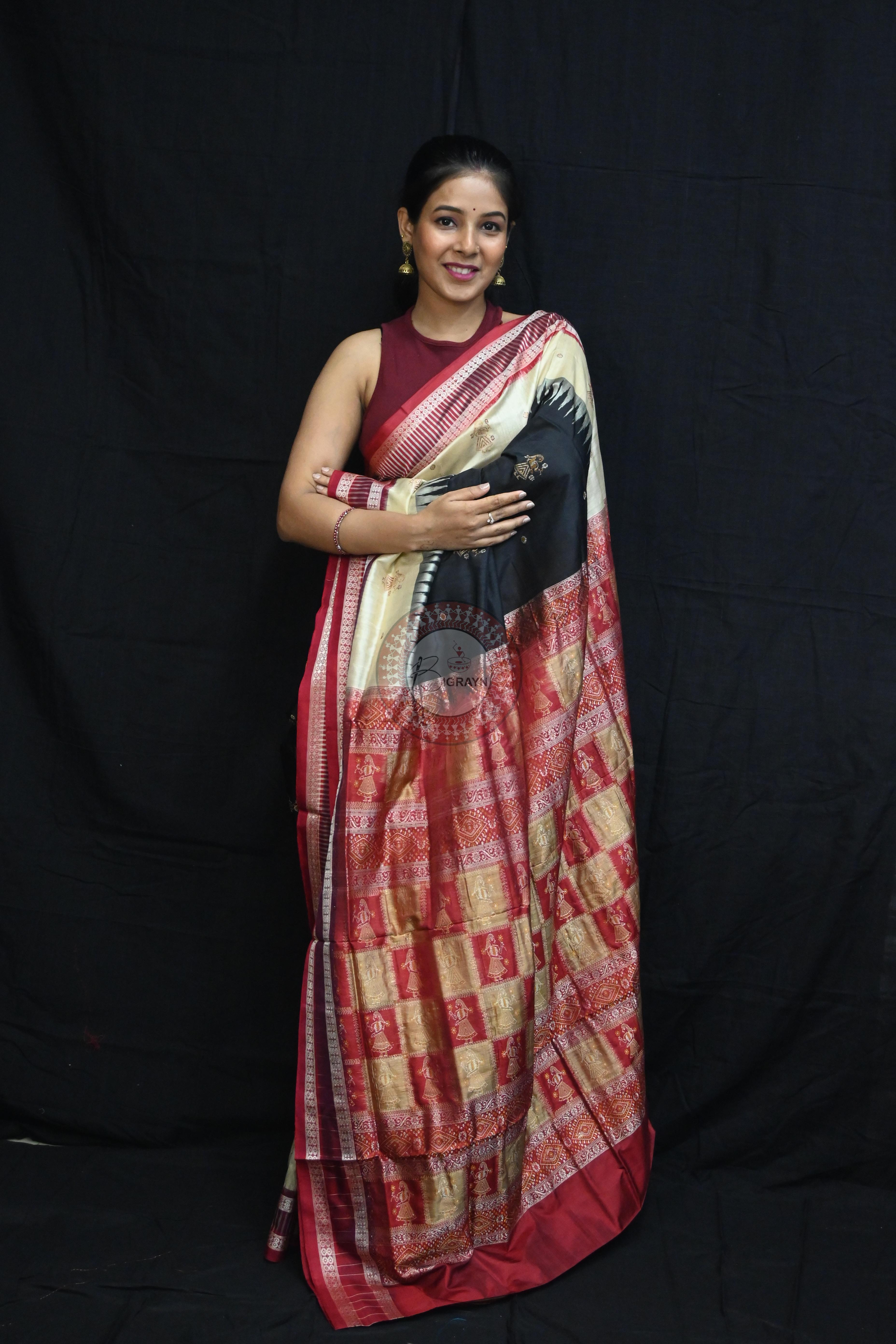 Black Cream Doll Kathifera Bomkai Silk Saree