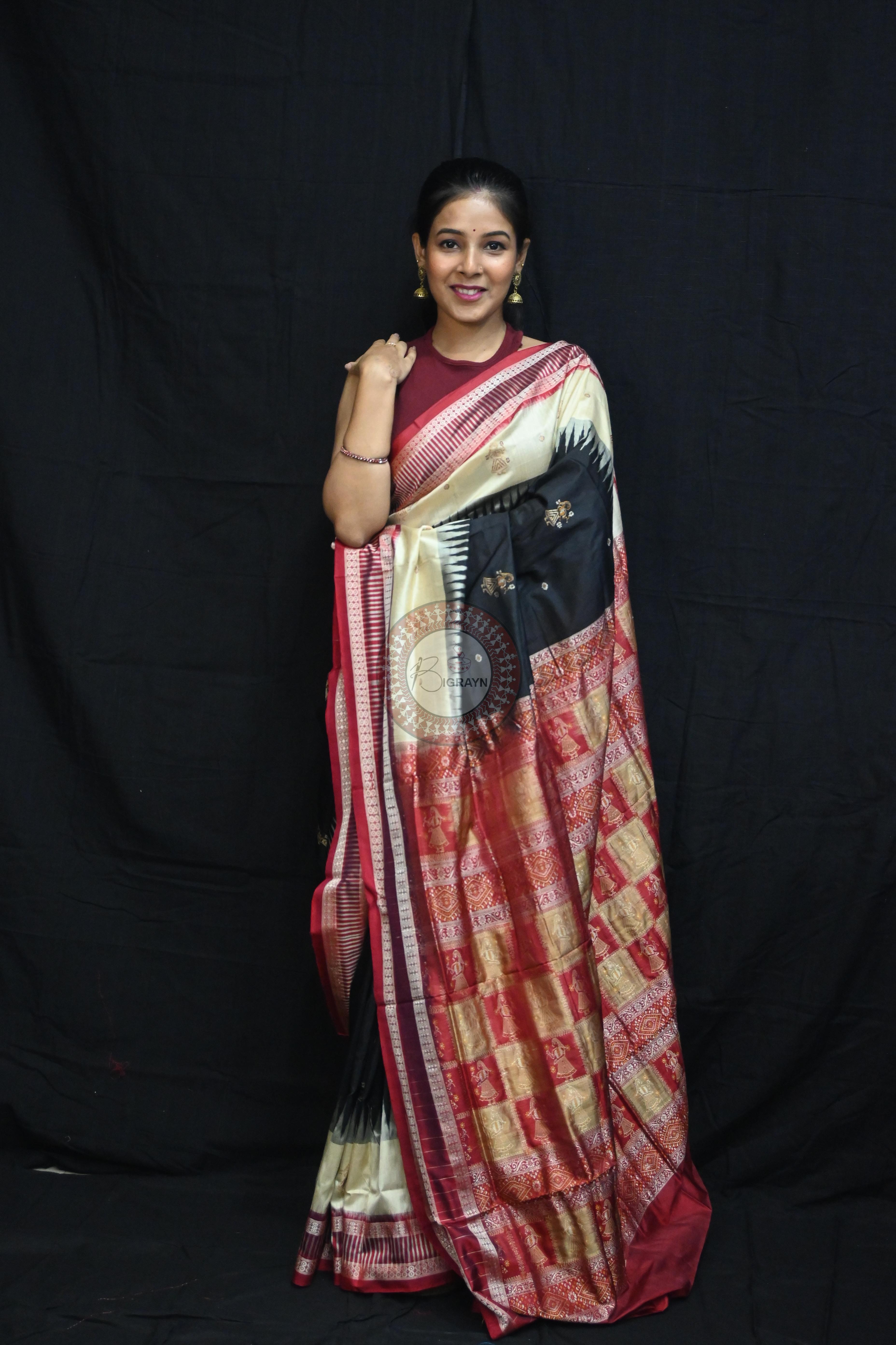 Black Cream Doll Kathifera Bomkai Silk Saree