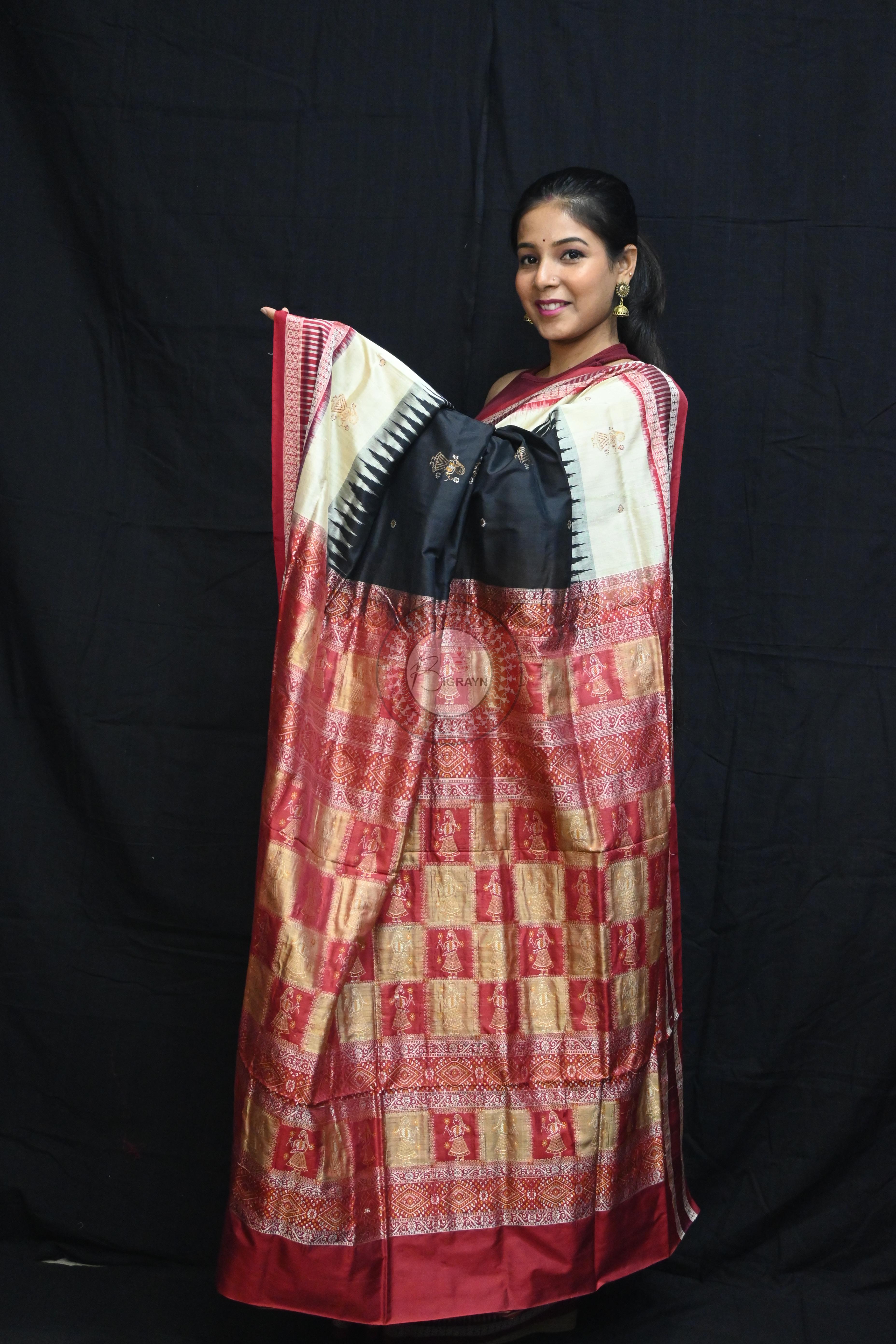 Black Cream Doll Kathifera Bomkai Silk Saree